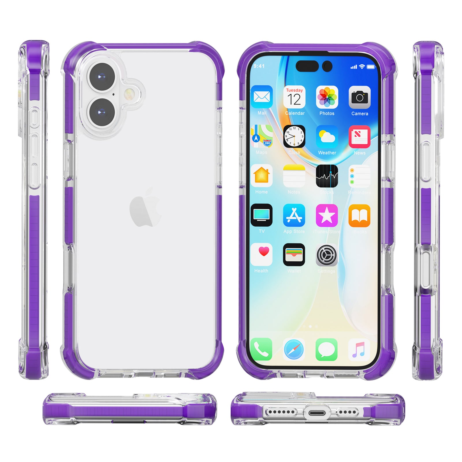 Clear Mobile Phone Case for iPhone 16 TPU+TPE+PC Phone Cover - Transparent Purple