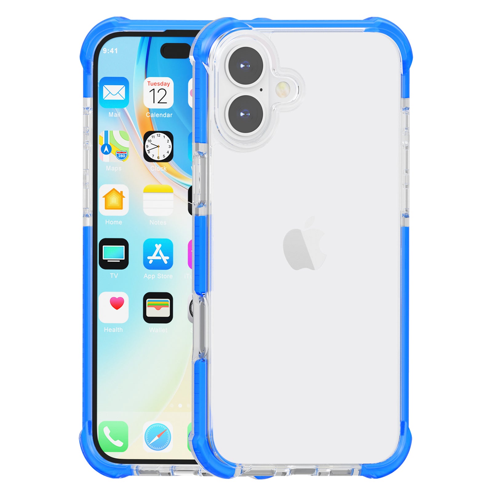 Clear Mobile Phone Case for iPhone 16 TPU+TPE+PC Phone Cover - Transparent Blue