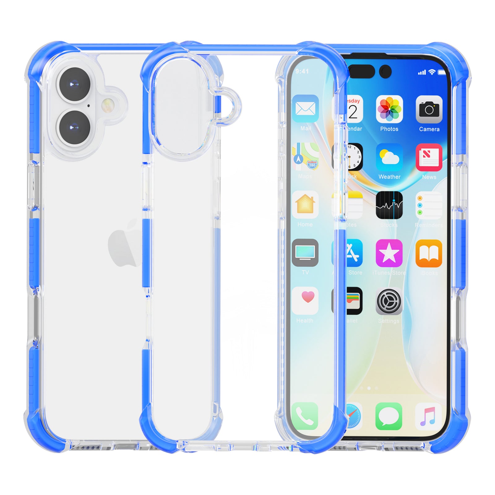 Clear Mobile Phone Case for iPhone 16 TPU+TPE+PC Phone Cover - Transparent Blue