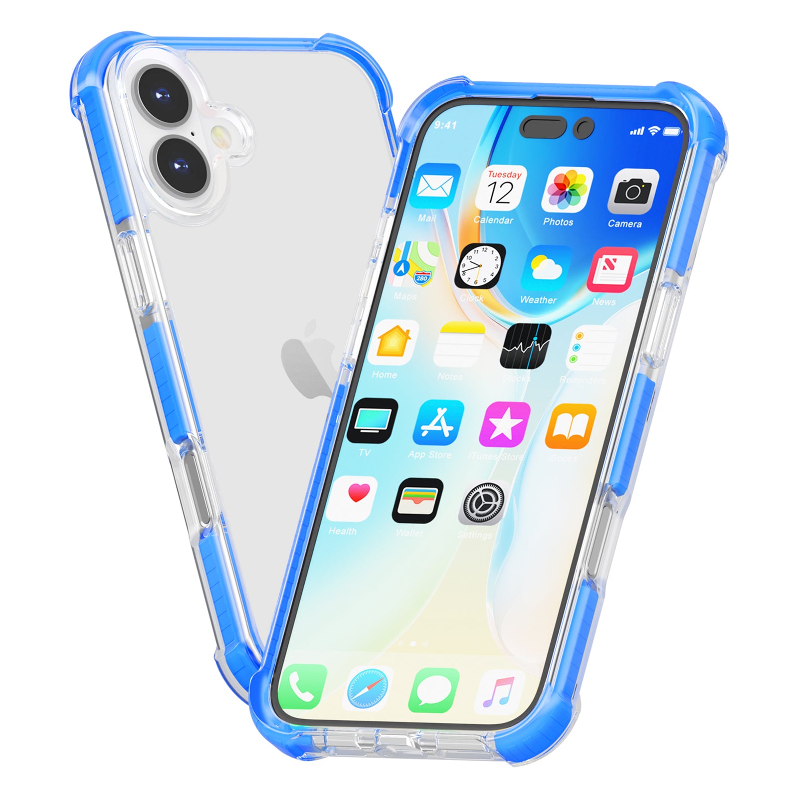 Clear Mobile Phone Case for iPhone 16 TPU+TPE+PC Phone Cover - Transparent Blue