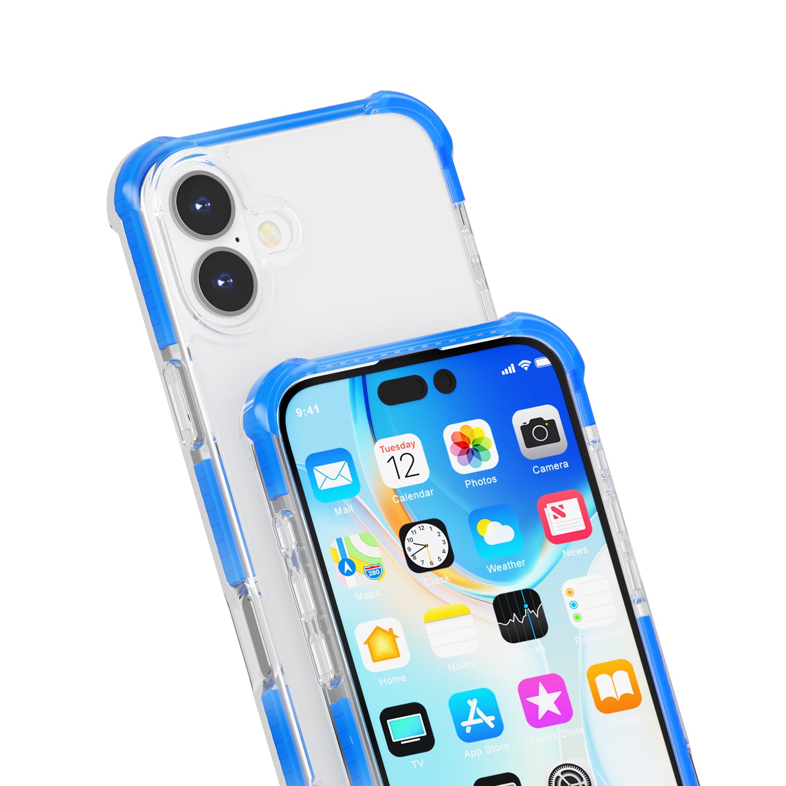 Clear Mobile Phone Case for iPhone 16 TPU+TPE+PC Phone Cover - Transparent Blue