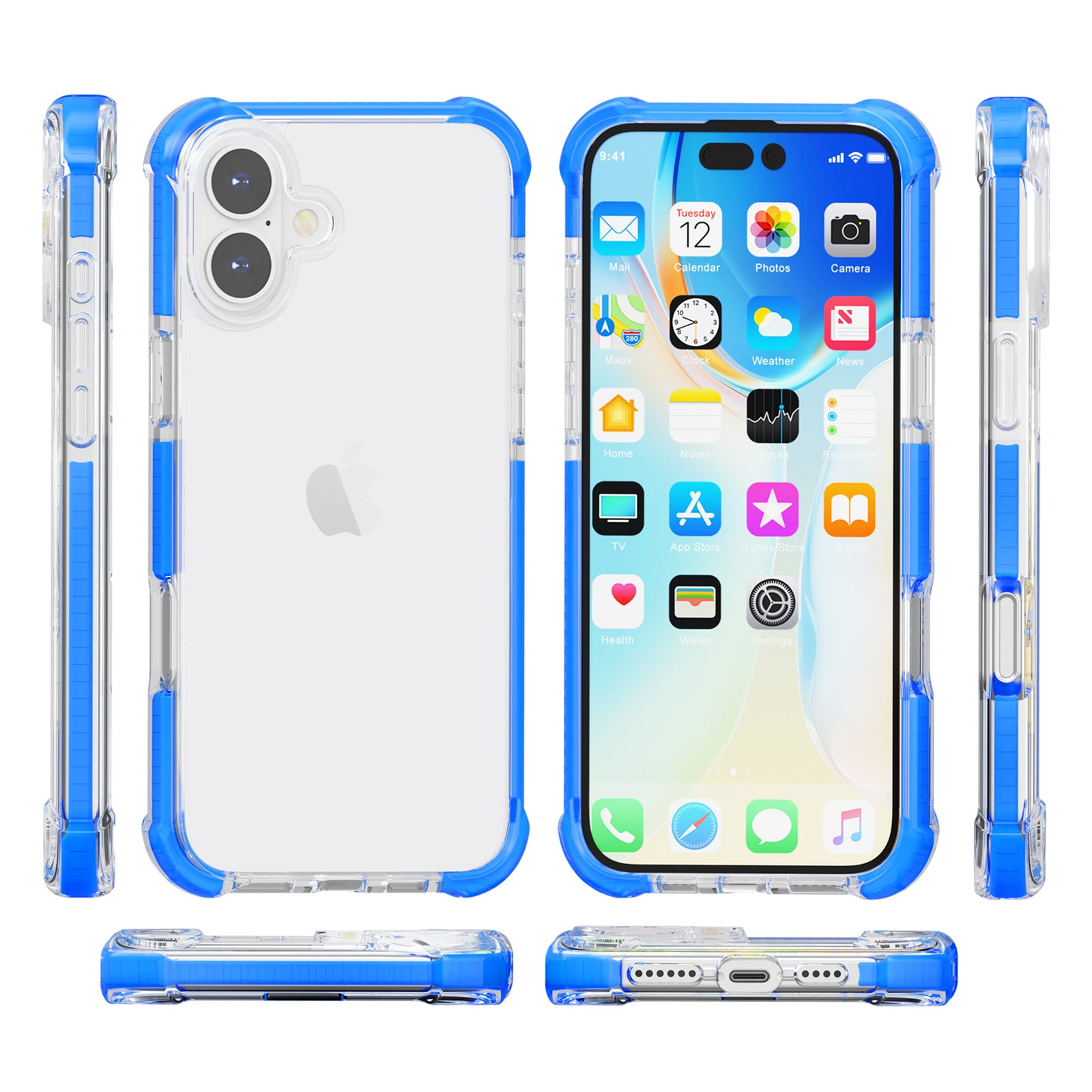 Clear Mobile Phone Case for iPhone 16 TPU+TPE+PC Phone Cover - Transparent Blue