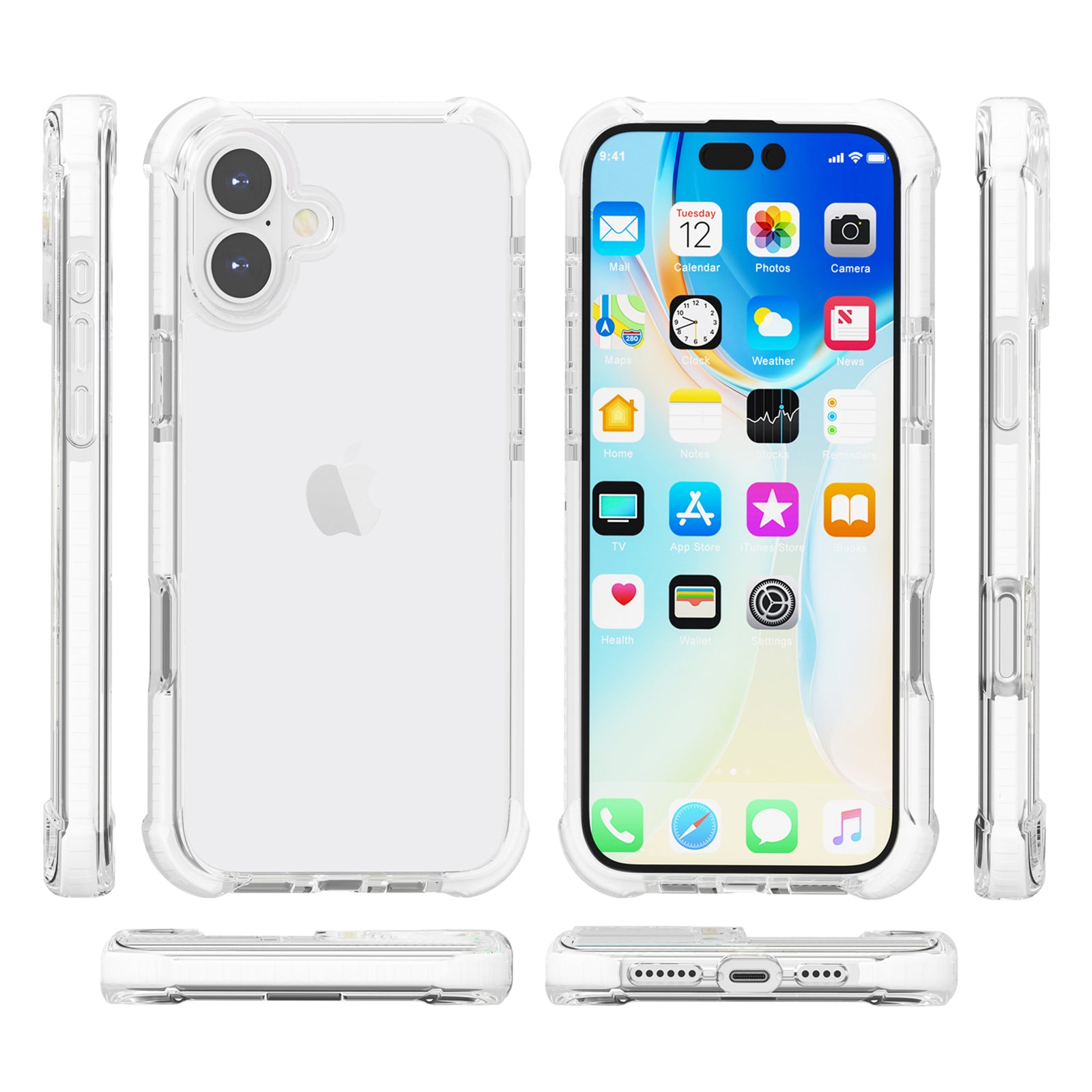 Clear Mobile Phone Case for iPhone 16 TPU+TPE+PC Phone Cover - Transparent White