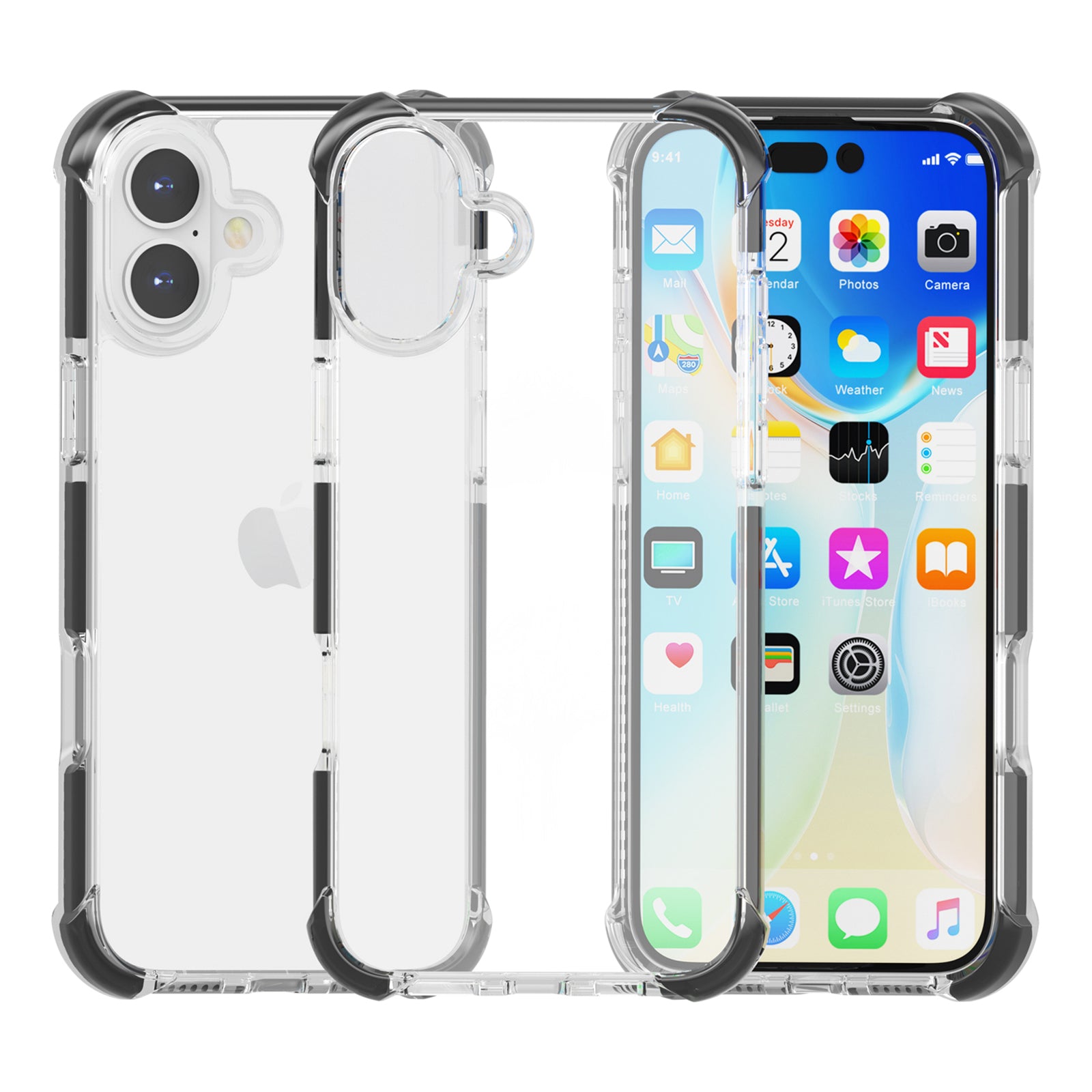 Clear Mobile Phone Case for iPhone 16 TPU+TPE+PC Phone Cover - Transparent Black