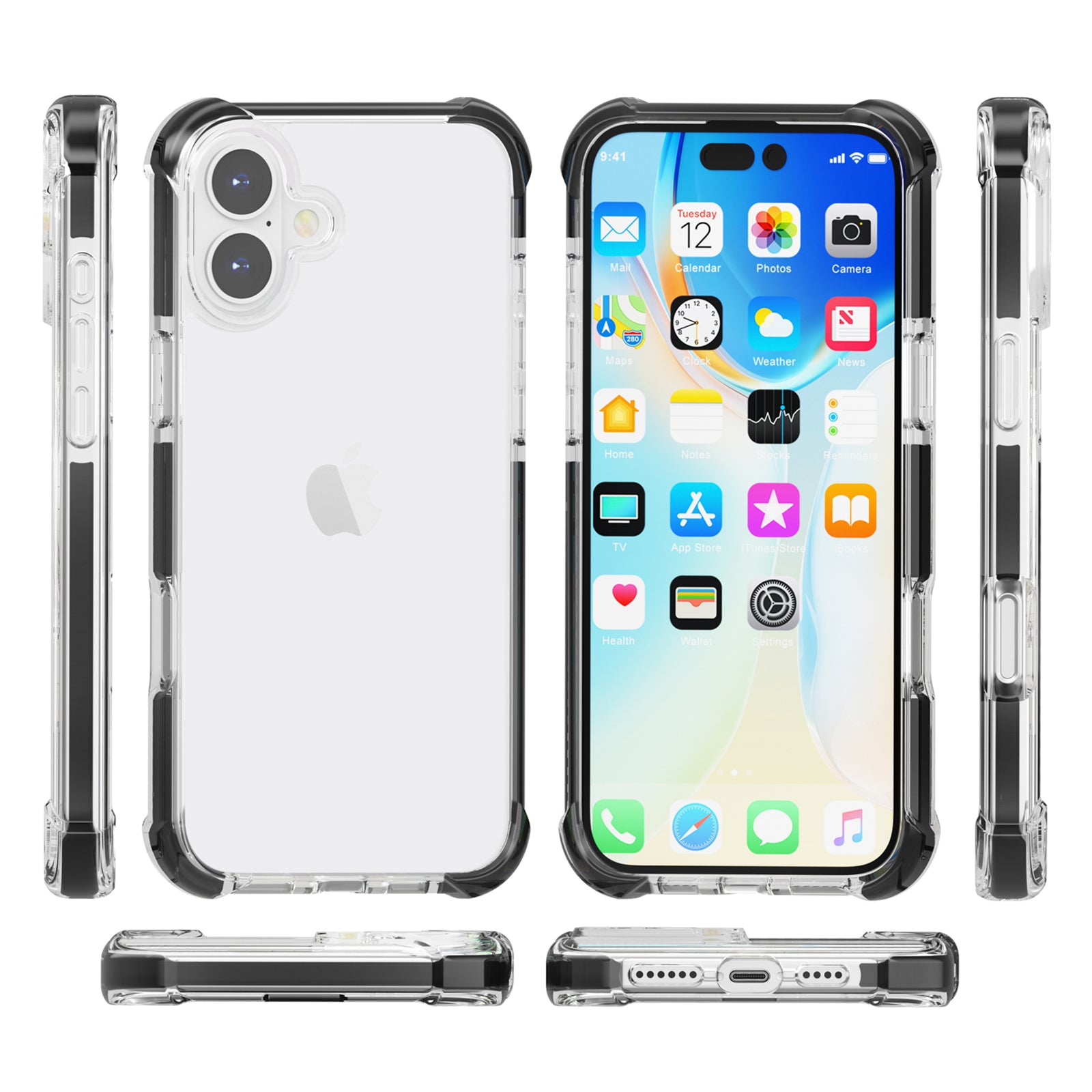 Clear Mobile Phone Case for iPhone 16 TPU+TPE+PC Phone Cover - Transparent Black