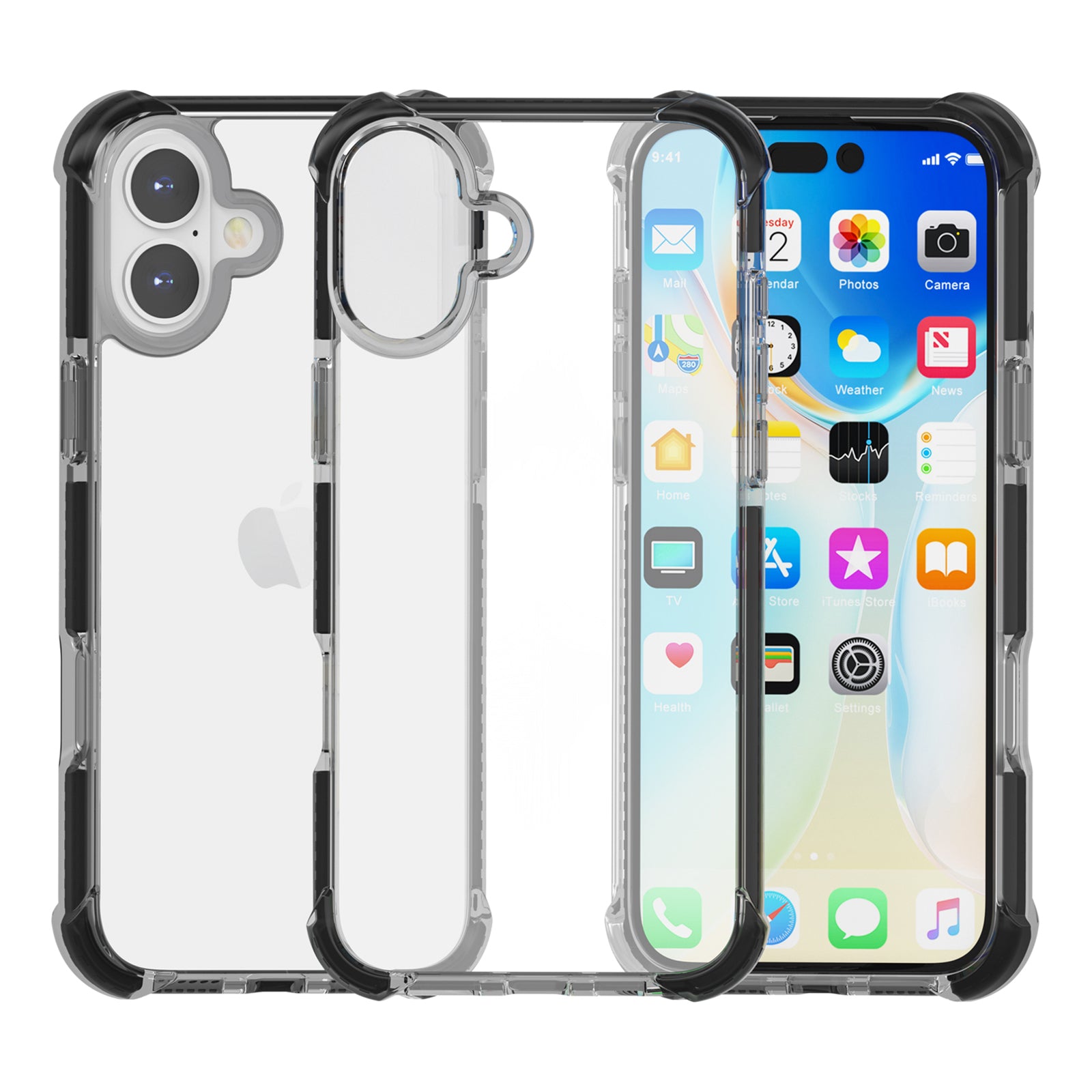 Clear Mobile Phone Case for iPhone 16 TPU+TPE+PC Phone Cover - Black