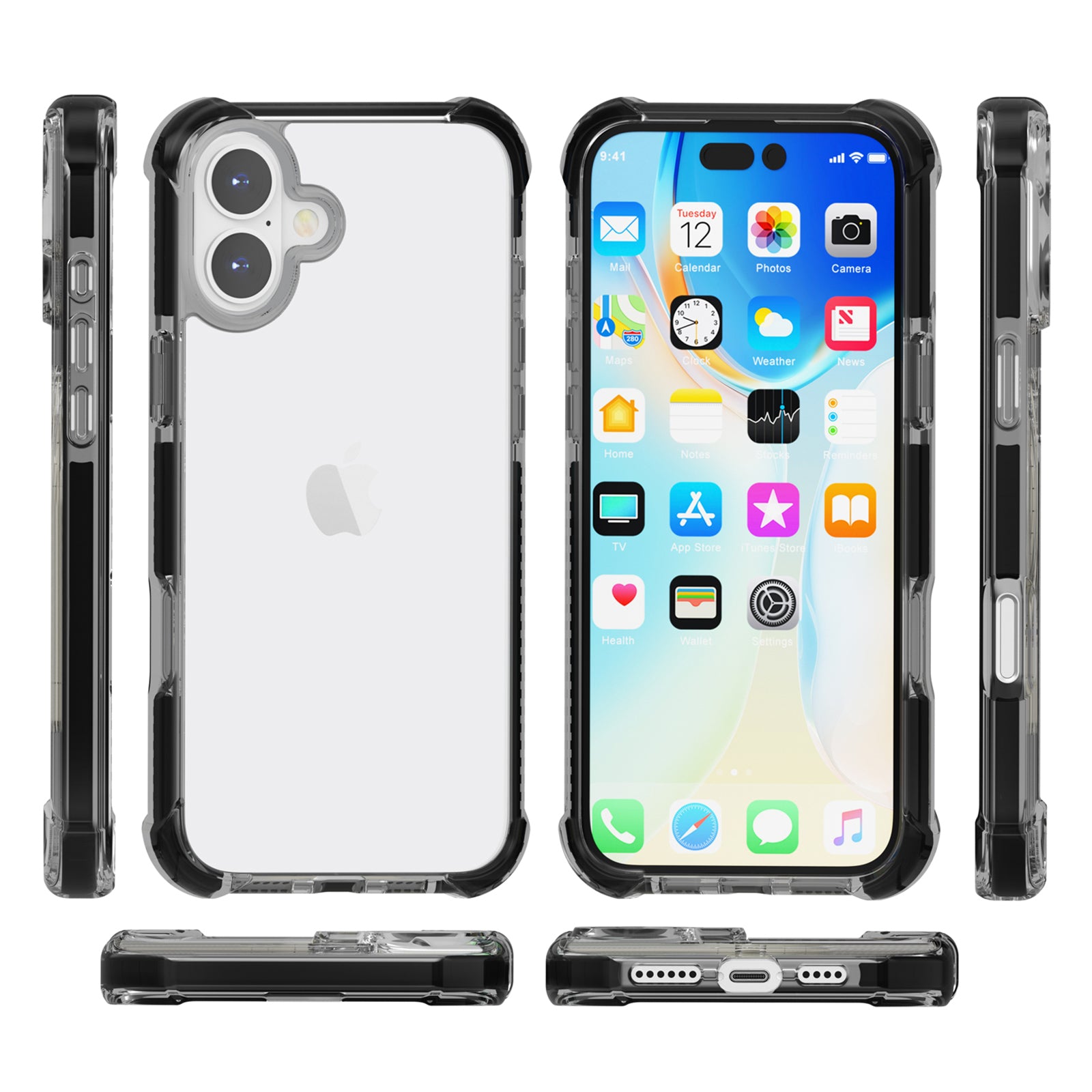 Clear Mobile Phone Case for iPhone 16 TPU+TPE+PC Phone Cover - Black