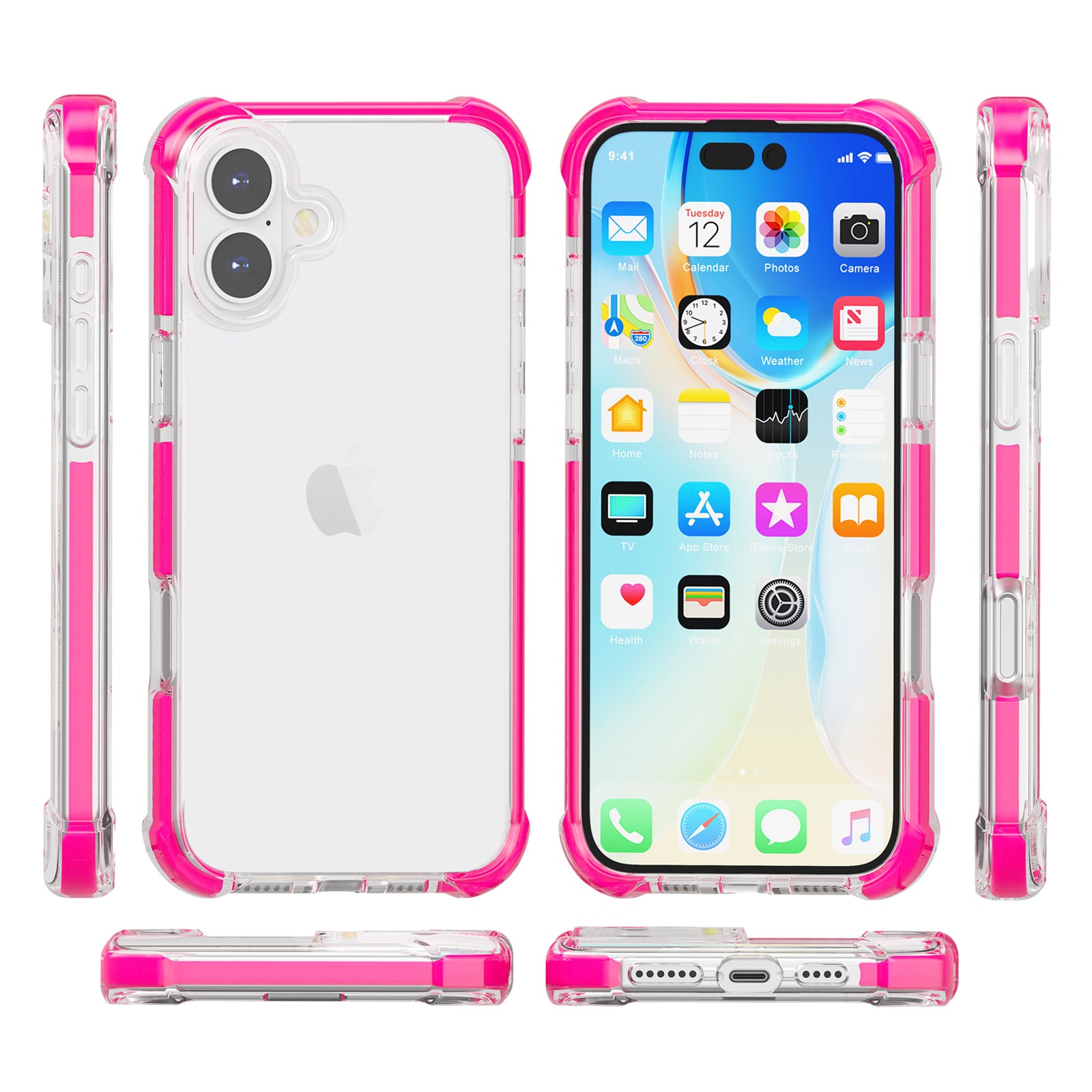 Clear Mobile Phone Case for iPhone 16 TPU+TPE+PC Phone Cover - Transparent Pink