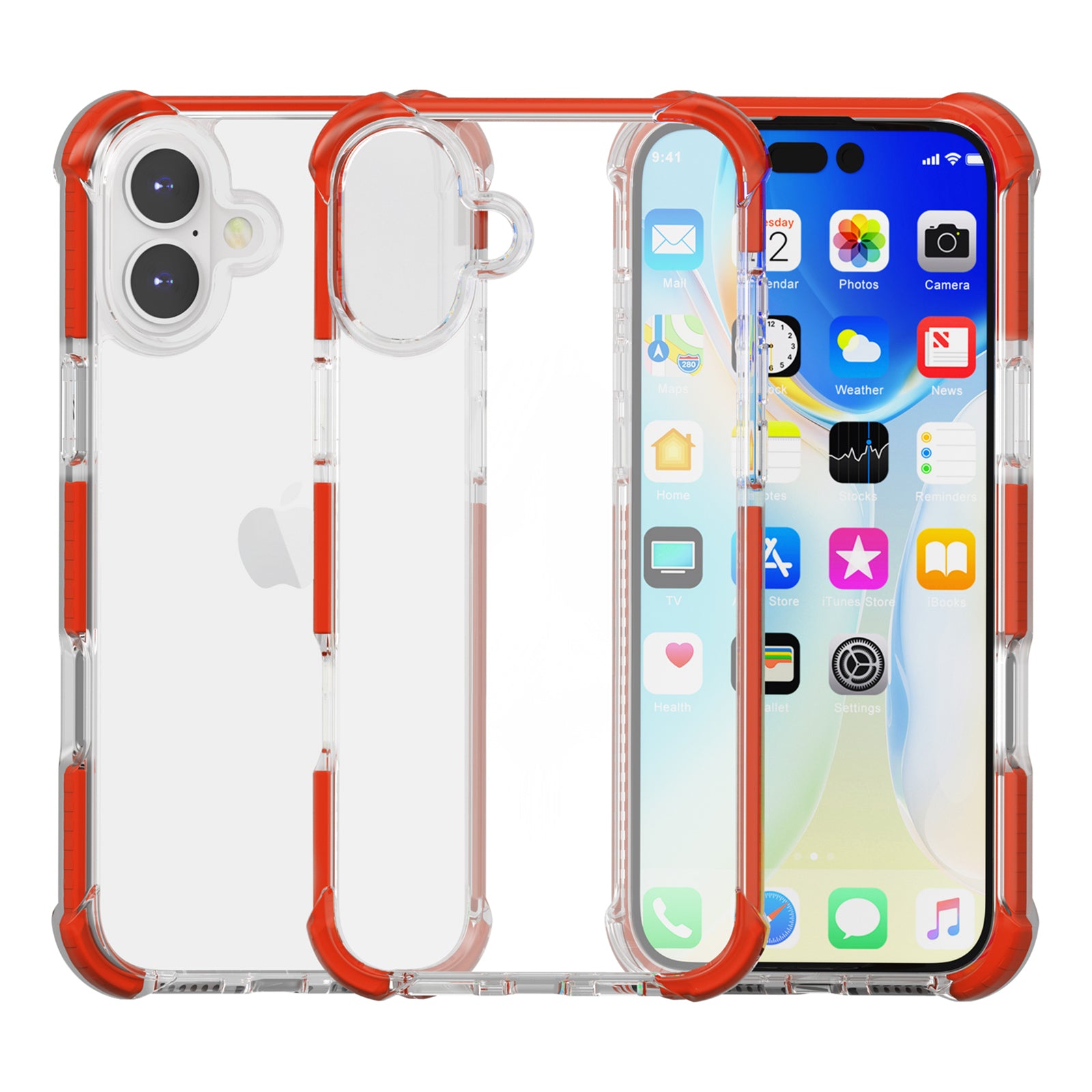 For iPhone 16 Plus Clear Mobile Phone Case TPU+TPE+PC Phone Cover - Transparent Red