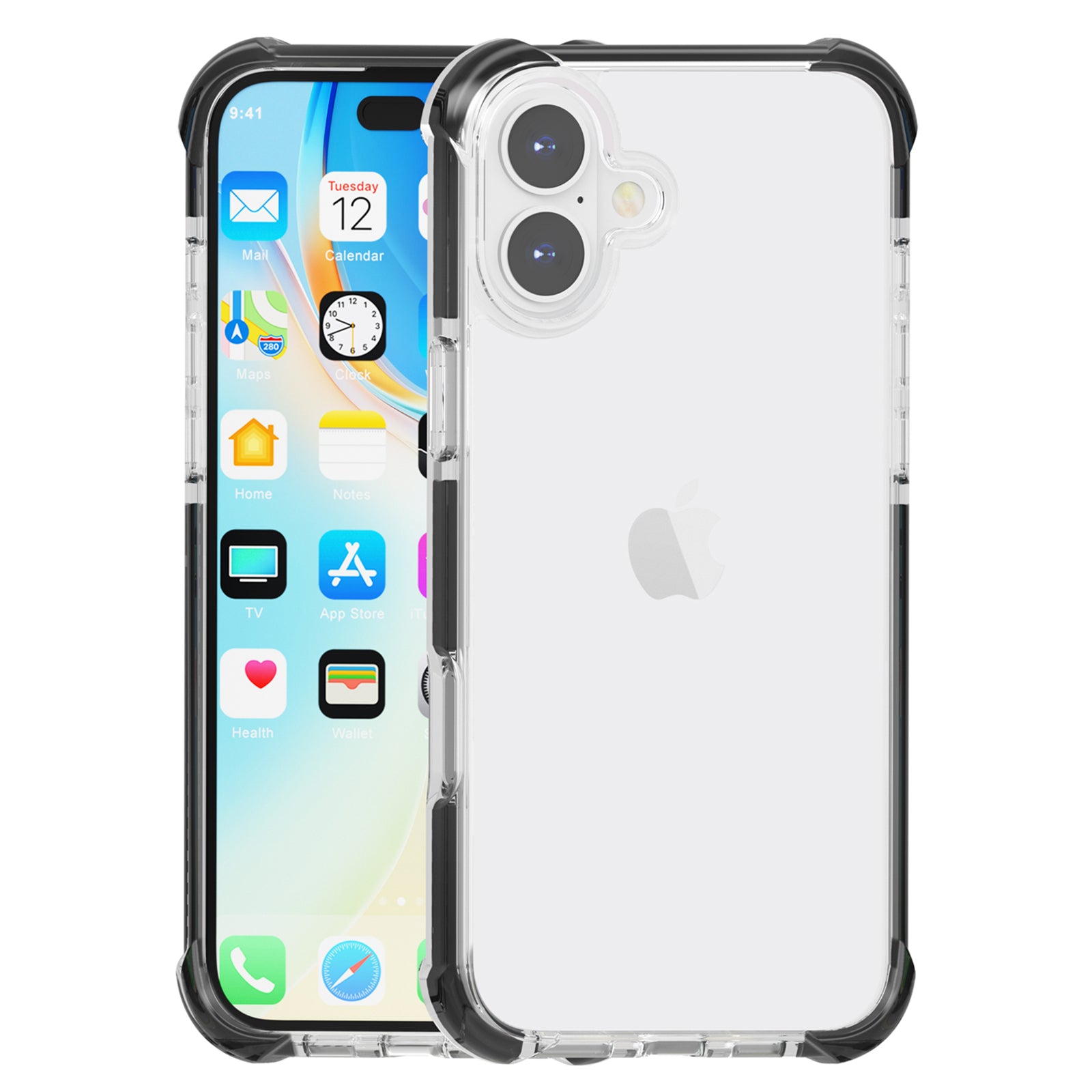 For iPhone 16 Plus Clear Mobile Phone Case TPU+TPE+PC Phone Cover - Transparent Black