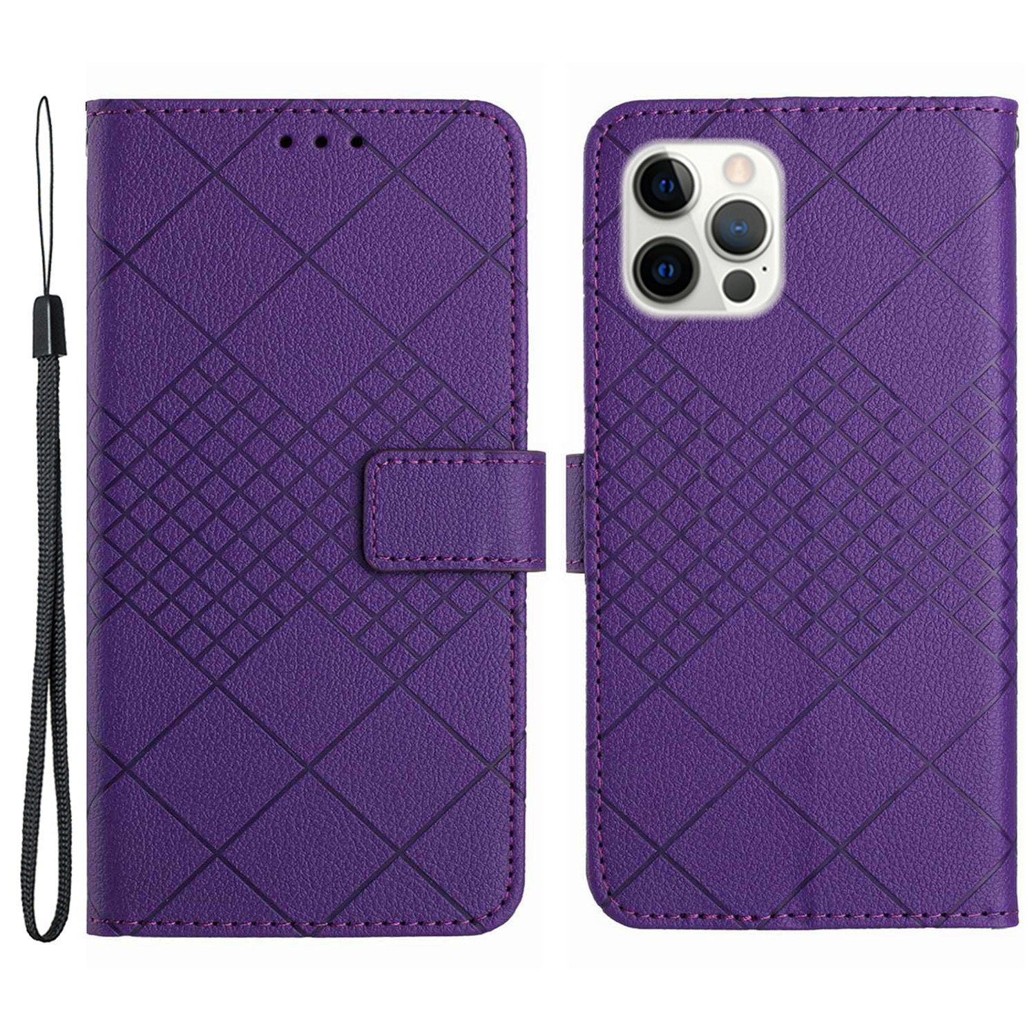 HT06 For iPhone 16 Pro Max Case Litchi Texture Leather Wallet Rhombus Phone Cover - Dark Purple