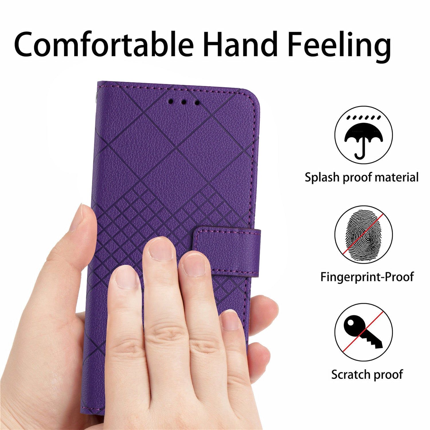 HT06 For iPhone 16 Pro Max Case Litchi Texture Leather Wallet Rhombus Phone Cover - Dark Purple