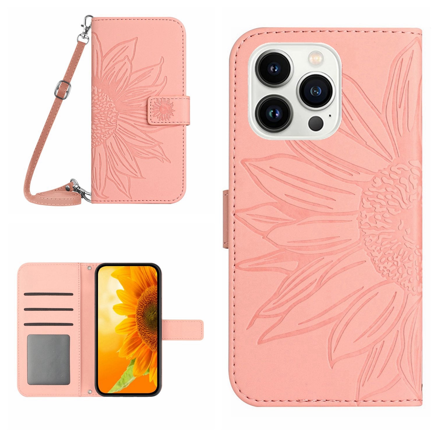 HT04 For iPhone 16 Pro Max Leather Case Sunflower Phone Wallet Cover with Shoulder Strap - Light Pink