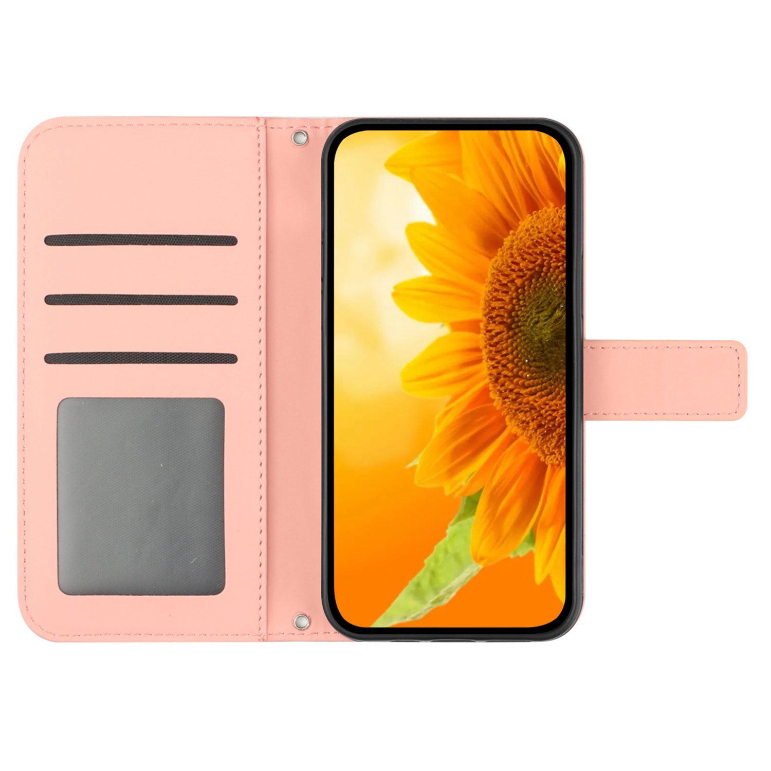 HT04 For iPhone 16 Pro Max Leather Case Sunflower Phone Wallet Cover with Shoulder Strap - Light Pink