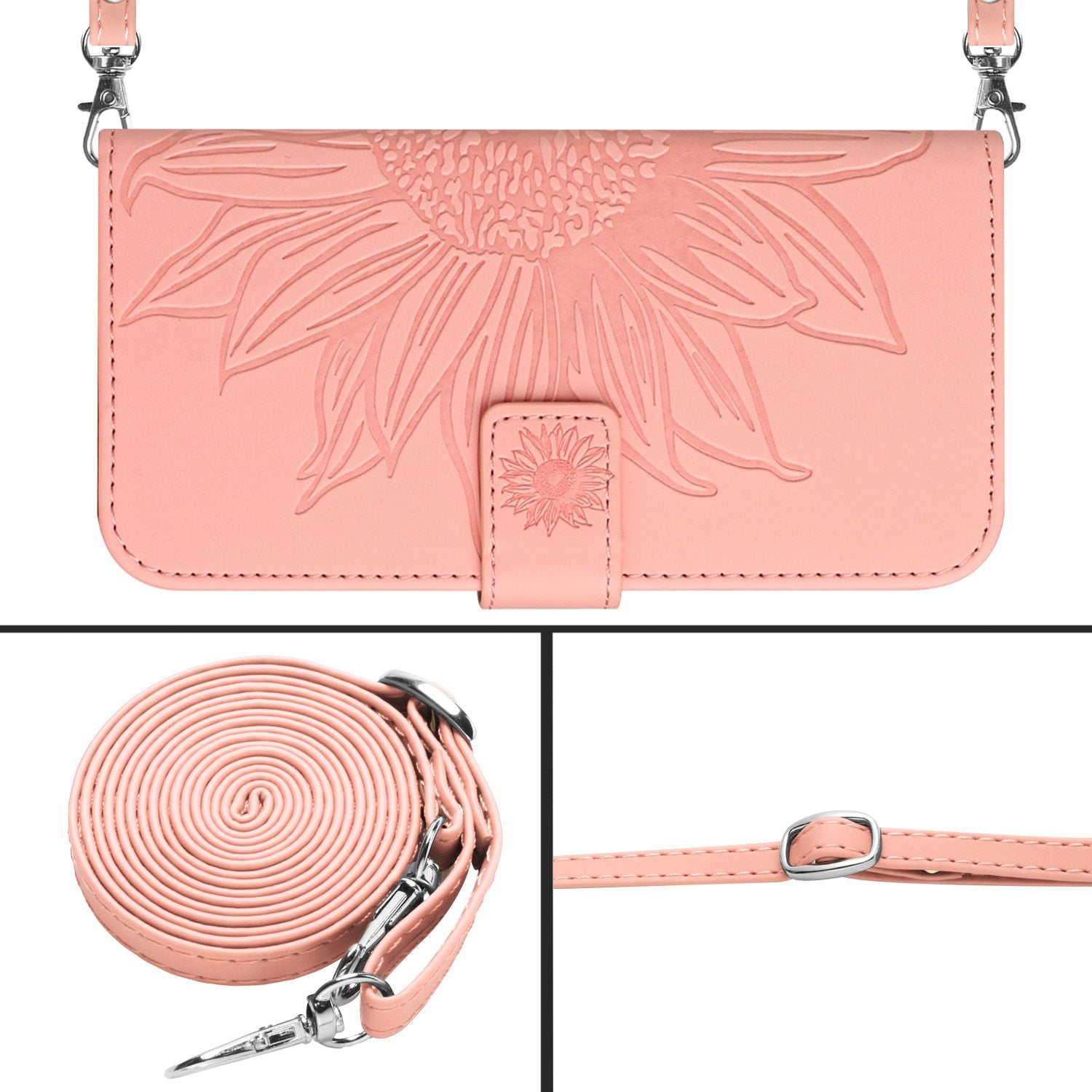 HT04 For iPhone 16 Pro Max Leather Case Sunflower Phone Wallet Cover with Shoulder Strap - Light Pink