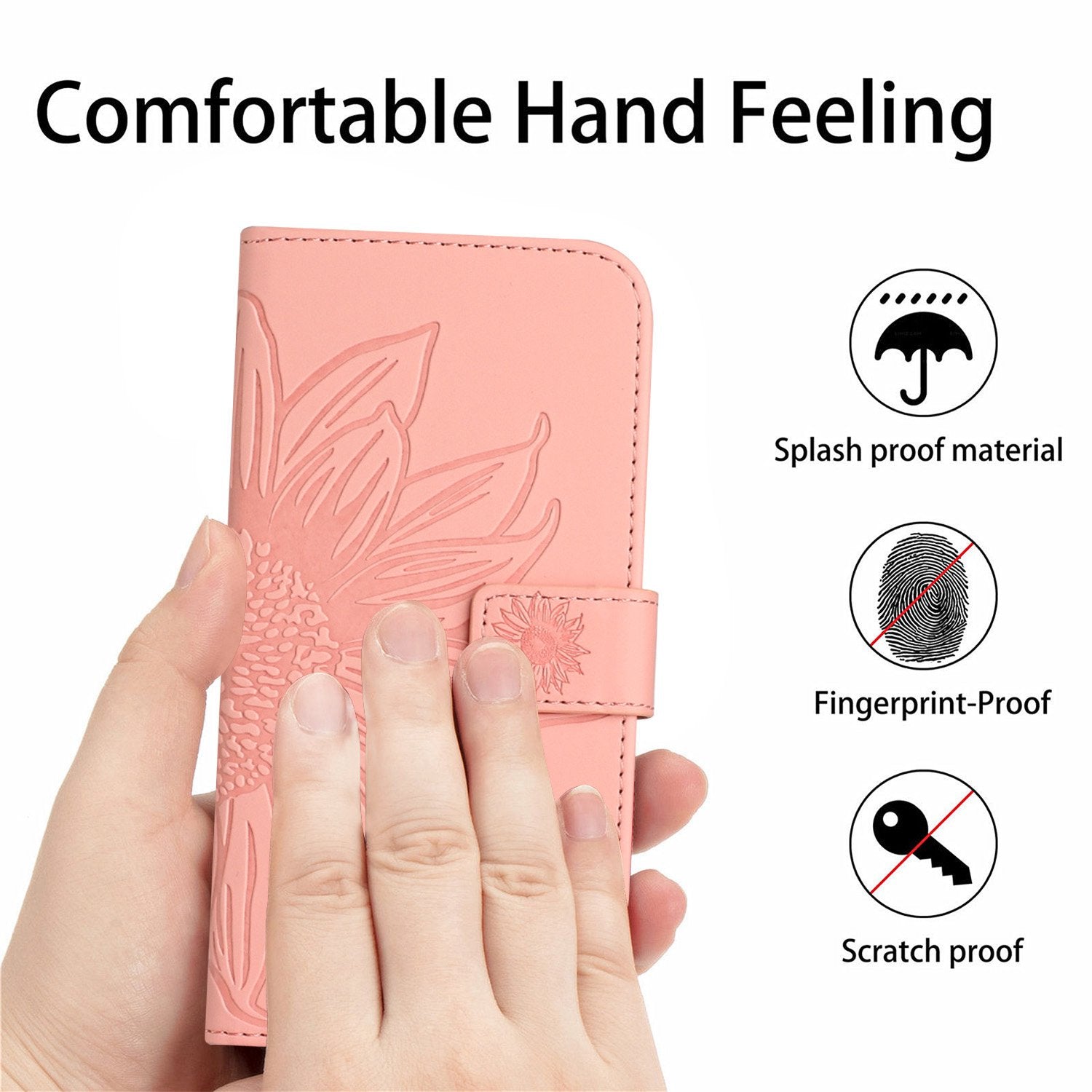 HT04 For iPhone 16 Pro Max Leather Case Sunflower Phone Wallet Cover with Shoulder Strap - Light Pink