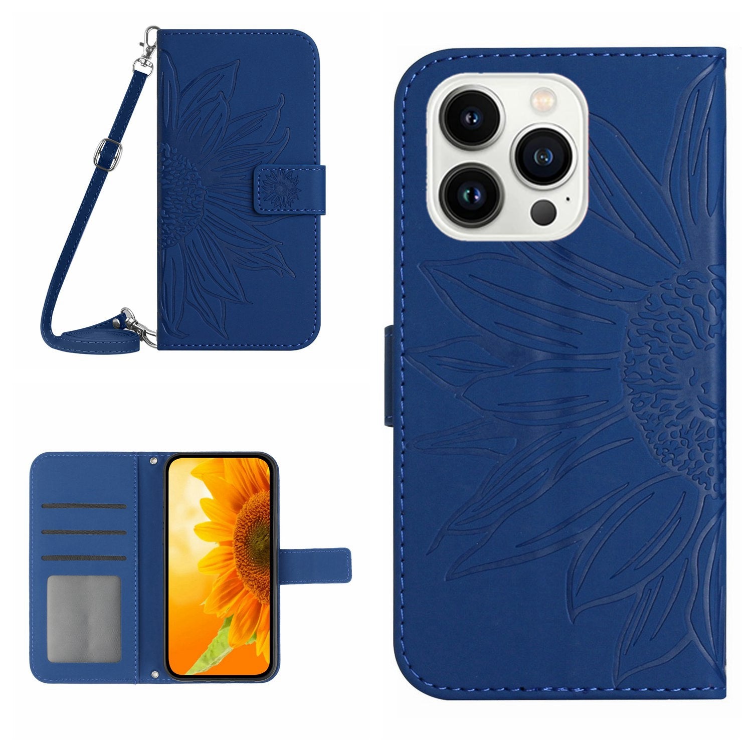 HT04 For iPhone 16 Pro Max Leather Case Sunflower Phone Wallet Cover with Shoulder Strap - Sapphire