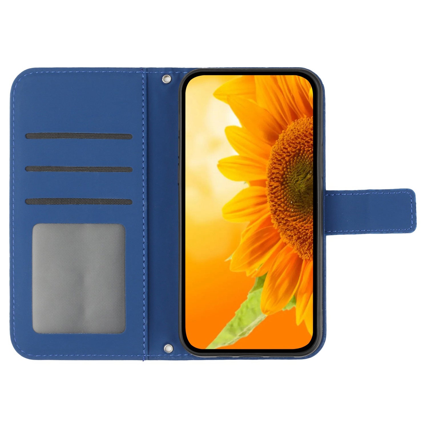 HT04 For iPhone 16 Pro Max Leather Case Sunflower Phone Wallet Cover with Shoulder Strap - Sapphire