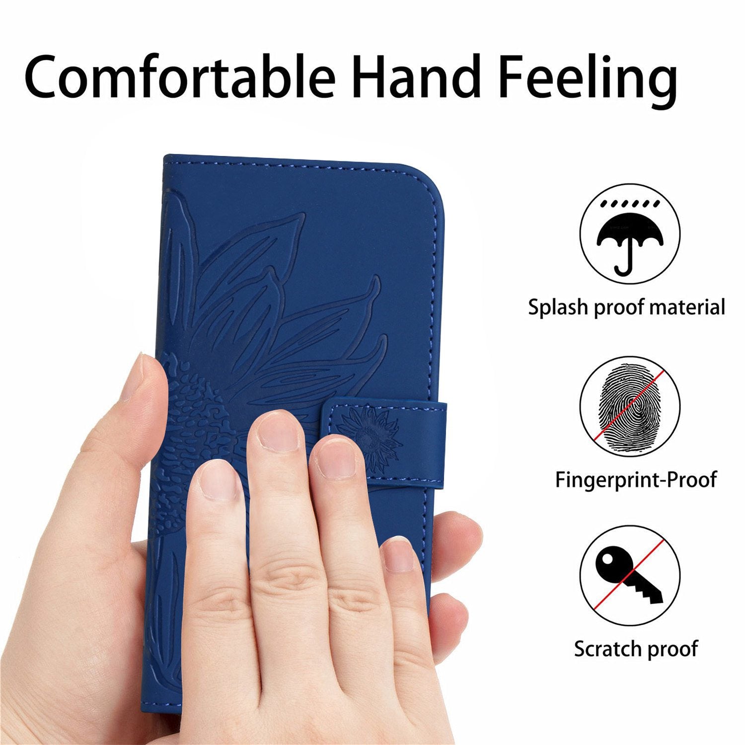 HT04 For iPhone 16 Pro Max Leather Case Sunflower Phone Wallet Cover with Shoulder Strap - Sapphire