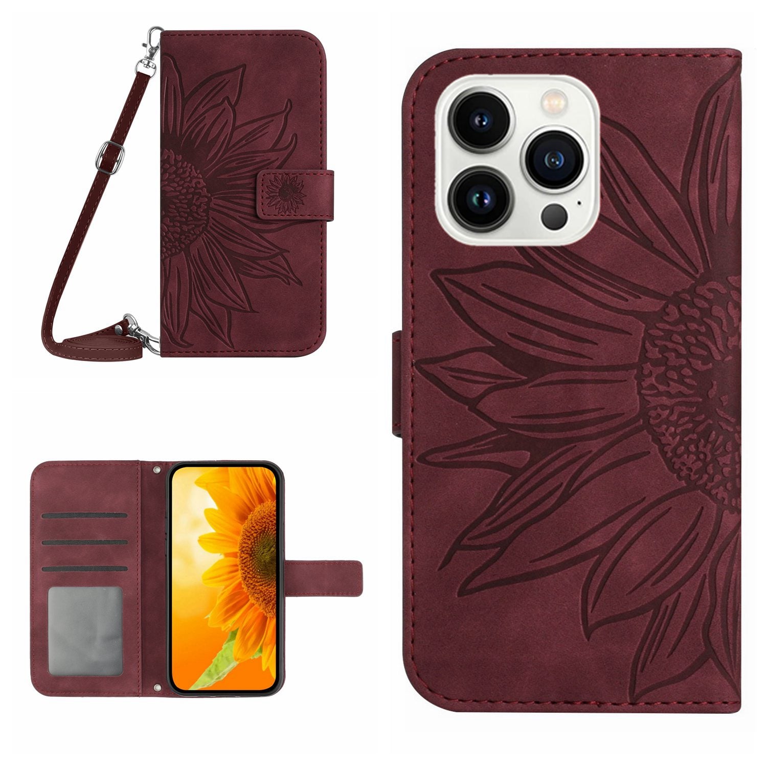 HT04 For iPhone 16 Pro Max Leather Case Sunflower Phone Wallet Cover with Shoulder Strap - Wine Red