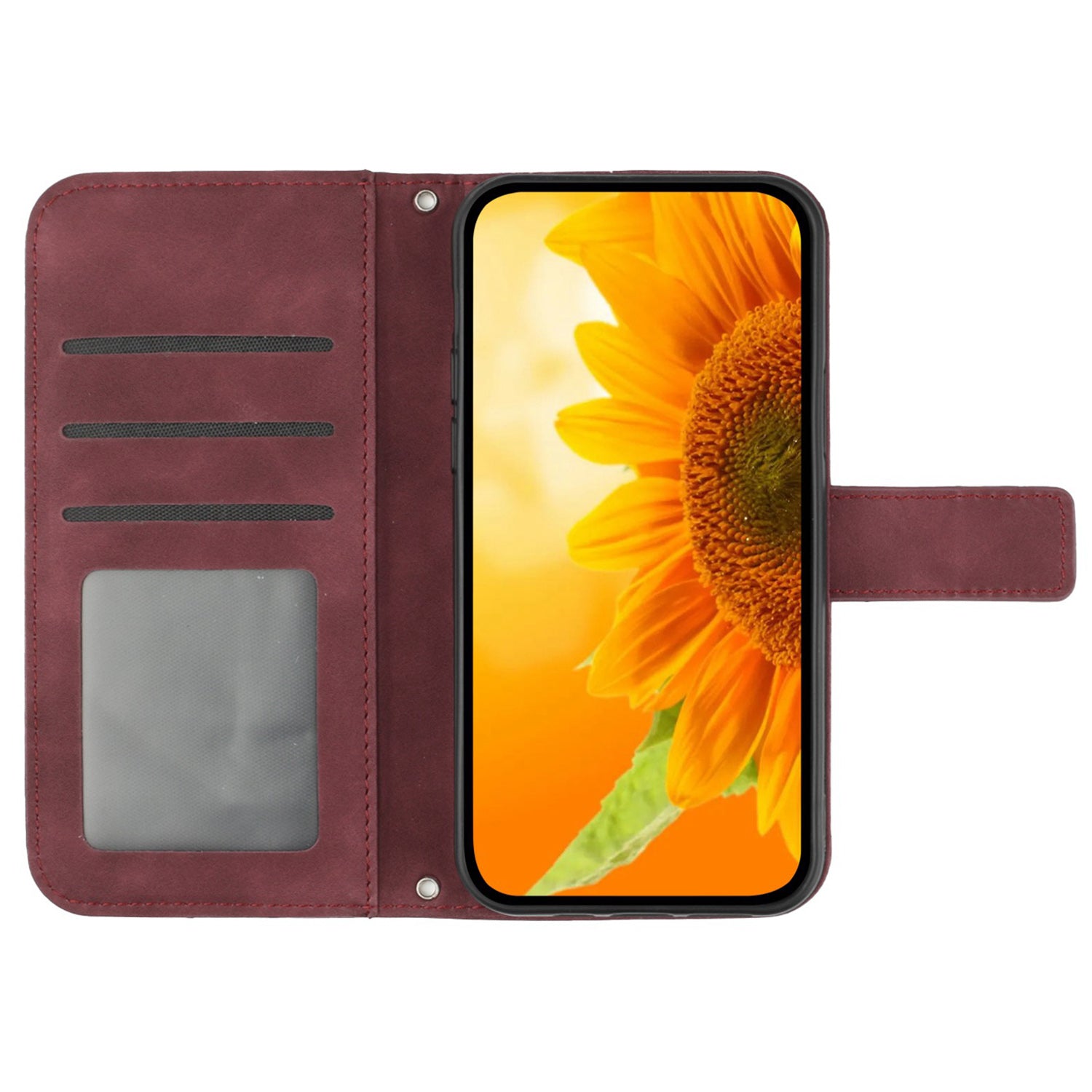 HT04 For iPhone 16 Pro Max Leather Case Sunflower Phone Wallet Cover with Shoulder Strap - Wine Red