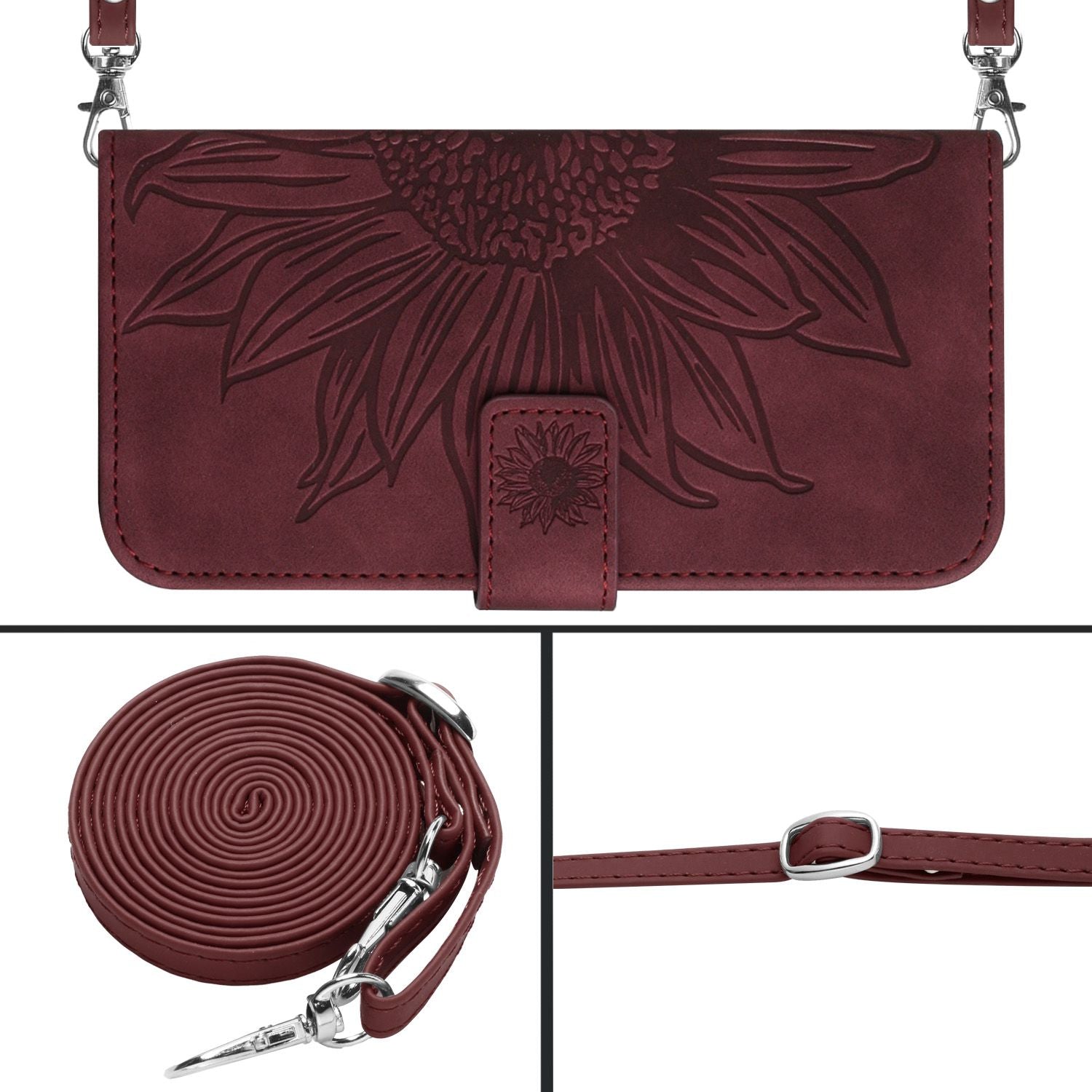 HT04 For iPhone 16 Pro Max Leather Case Sunflower Phone Wallet Cover with Shoulder Strap - Wine Red