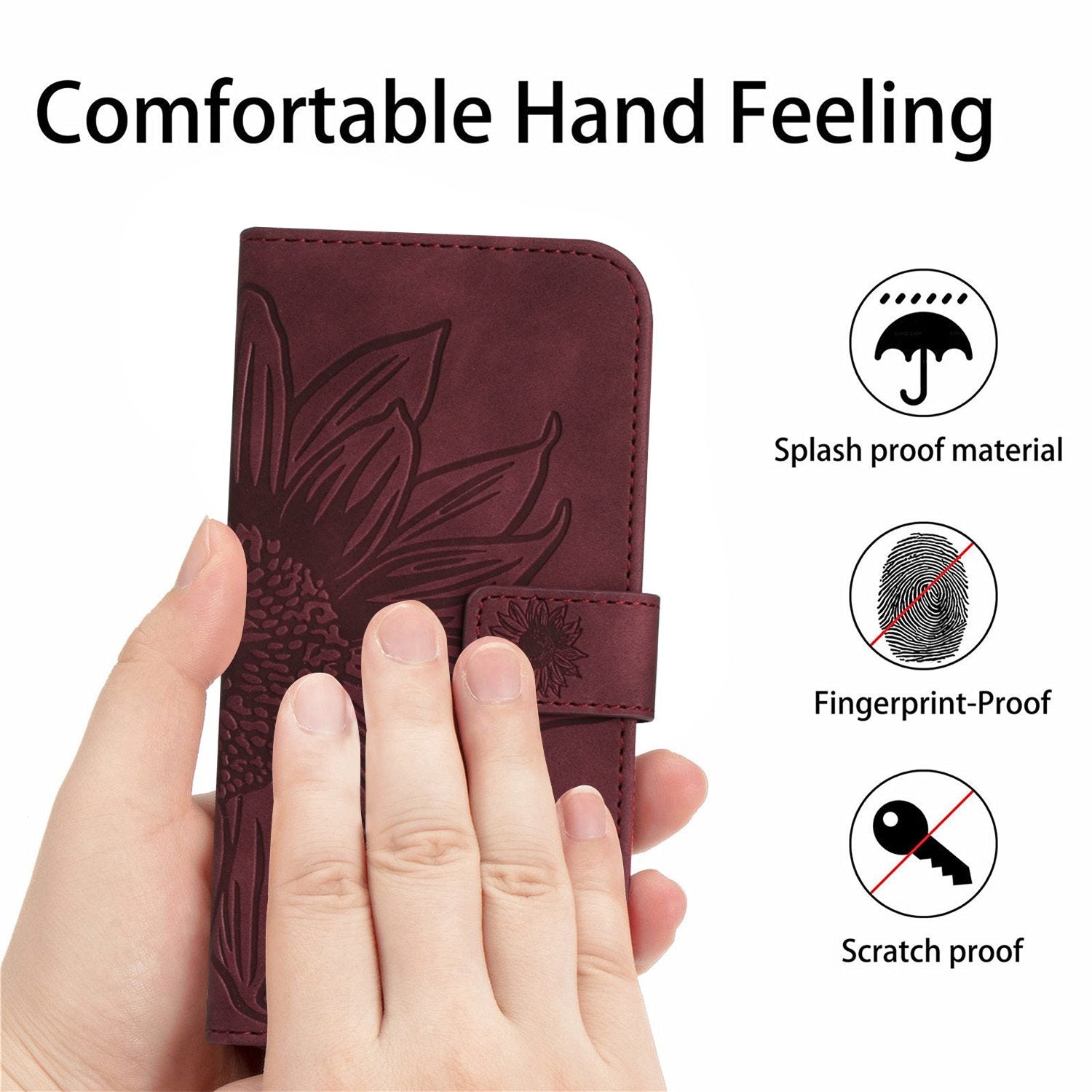 HT04 For iPhone 16 Pro Max Leather Case Sunflower Phone Wallet Cover with Shoulder Strap - Wine Red