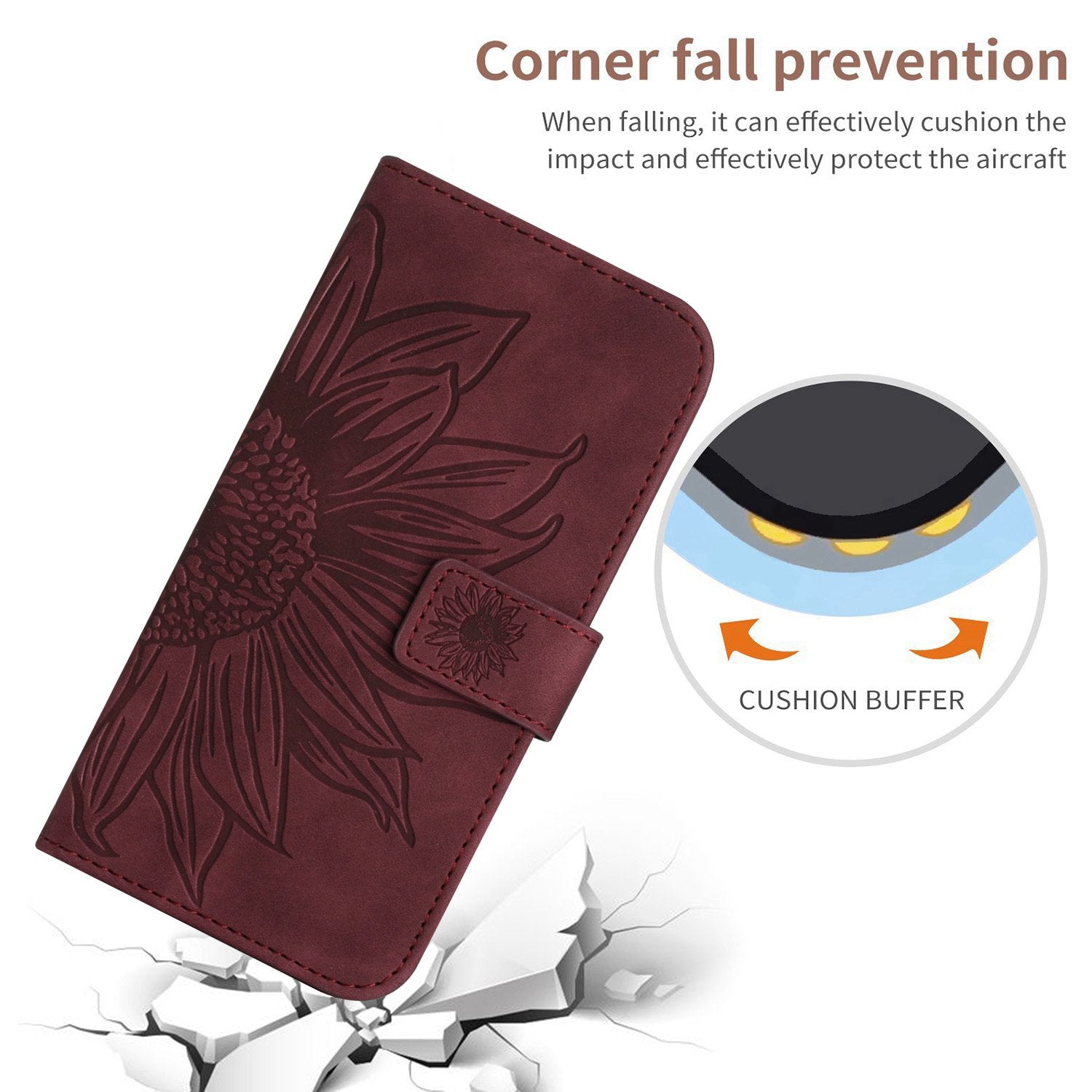 HT04 For iPhone 16 Pro Max Leather Case Sunflower Phone Wallet Cover with Shoulder Strap - Wine Red