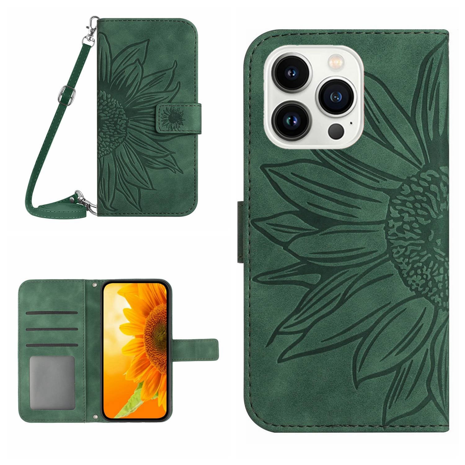 HT04 For iPhone 16 Pro Max Leather Case Sunflower Phone Wallet Cover with Shoulder Strap - Dark Green