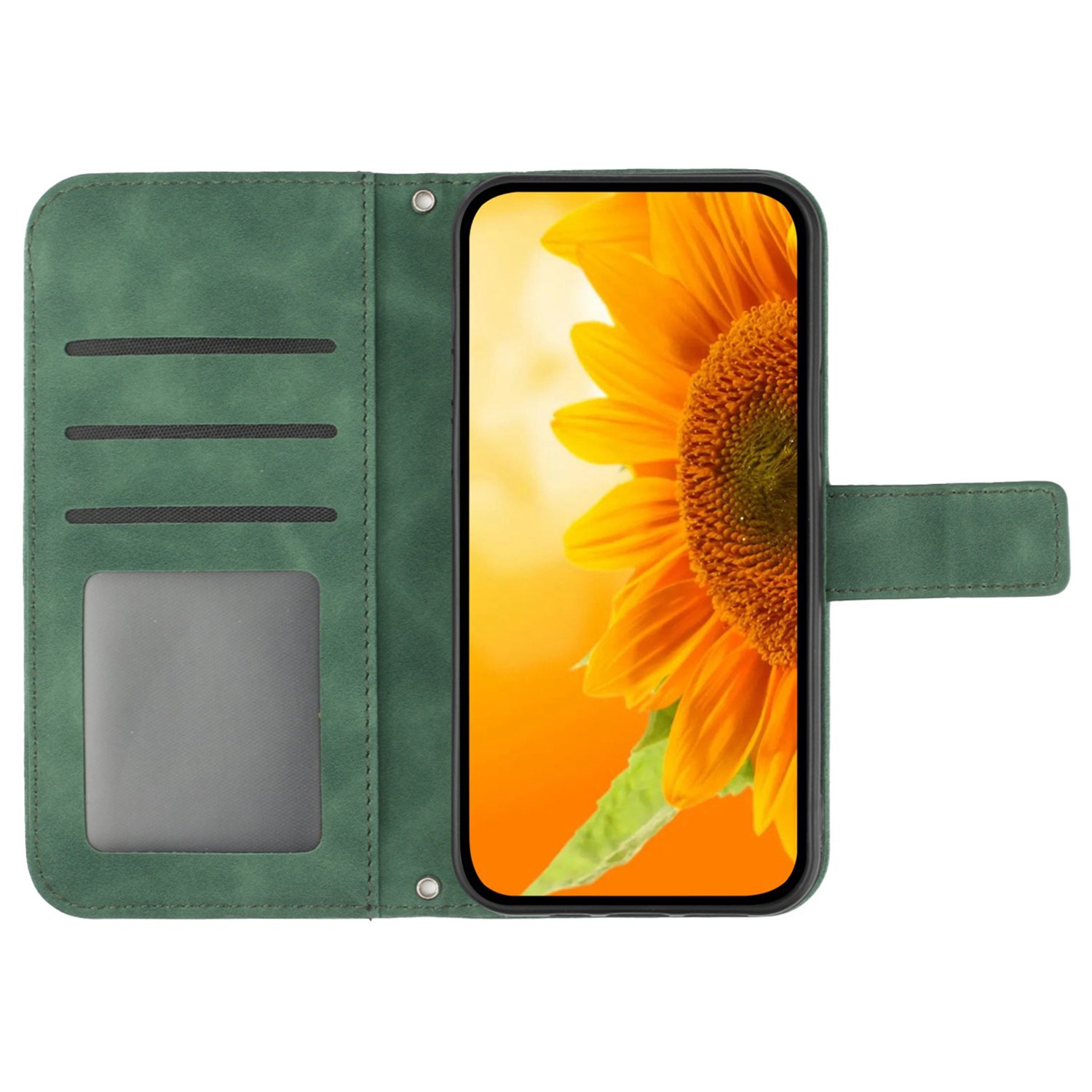 HT04 For iPhone 16 Pro Max Leather Case Sunflower Phone Wallet Cover with Shoulder Strap - Dark Green