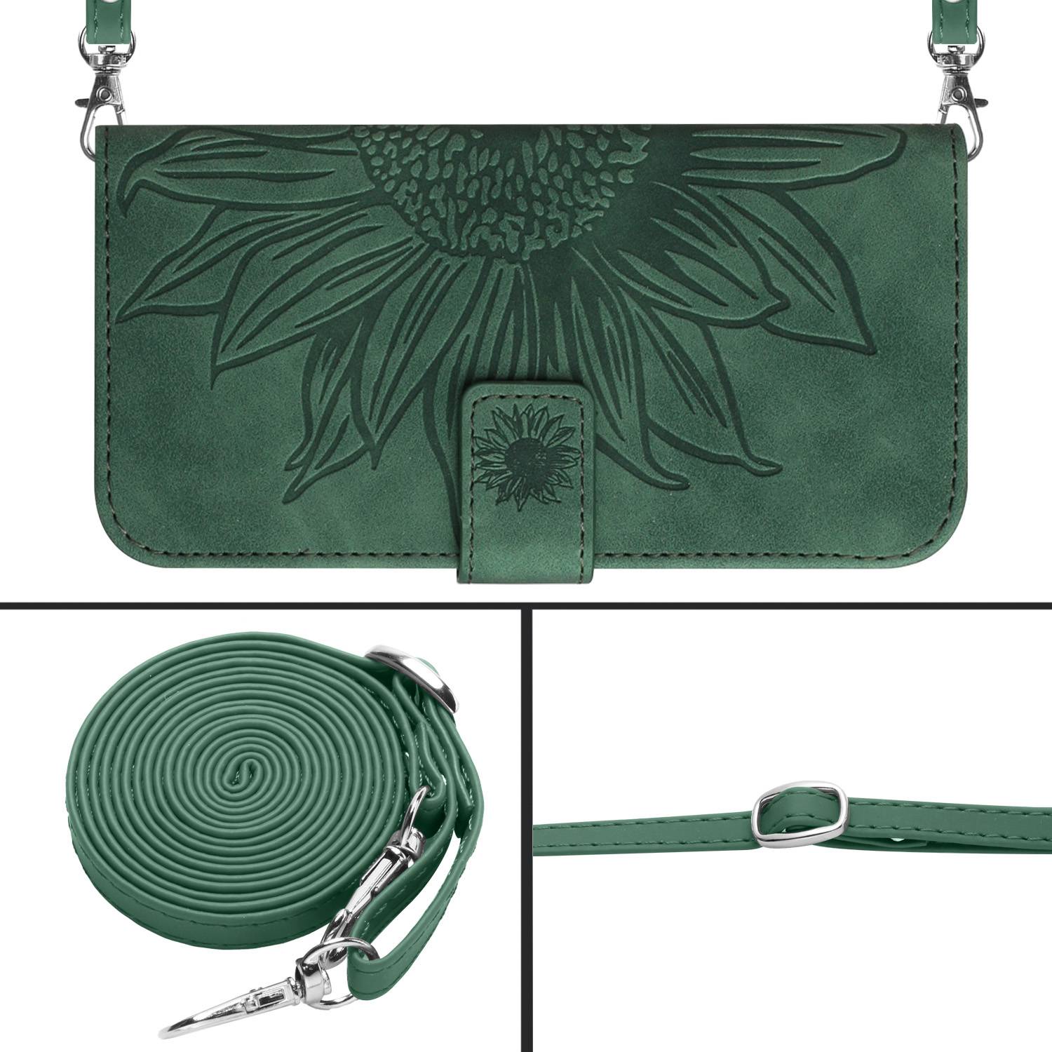 HT04 For iPhone 16 Pro Max Leather Case Sunflower Phone Wallet Cover with Shoulder Strap - Dark Green