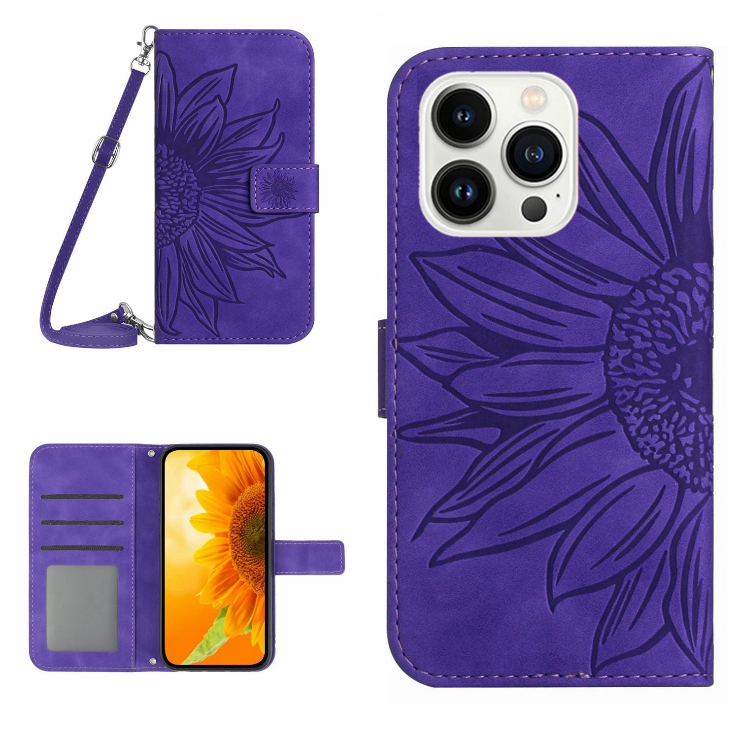 HT04 For iPhone 16 Pro Max Leather Case Sunflower Phone Wallet Cover with Shoulder Strap - Dark Purple