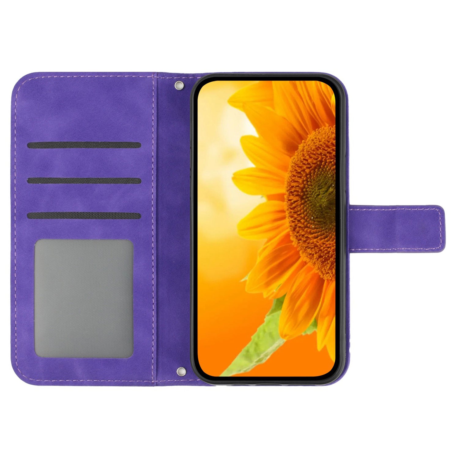 HT04 For iPhone 16 Pro Max Leather Case Sunflower Phone Wallet Cover with Shoulder Strap - Dark Purple