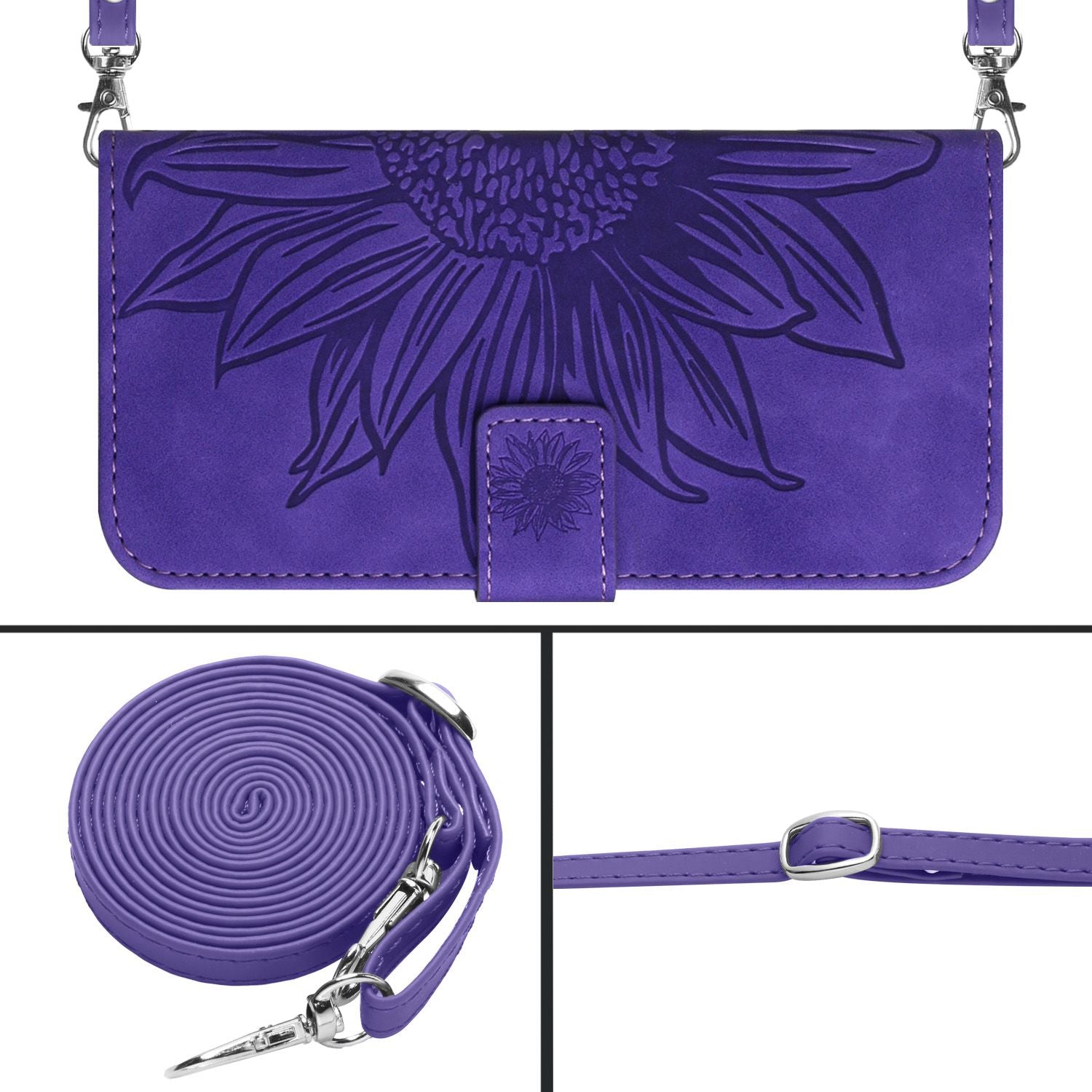 HT04 For iPhone 16 Pro Max Leather Case Sunflower Phone Wallet Cover with Shoulder Strap - Dark Purple