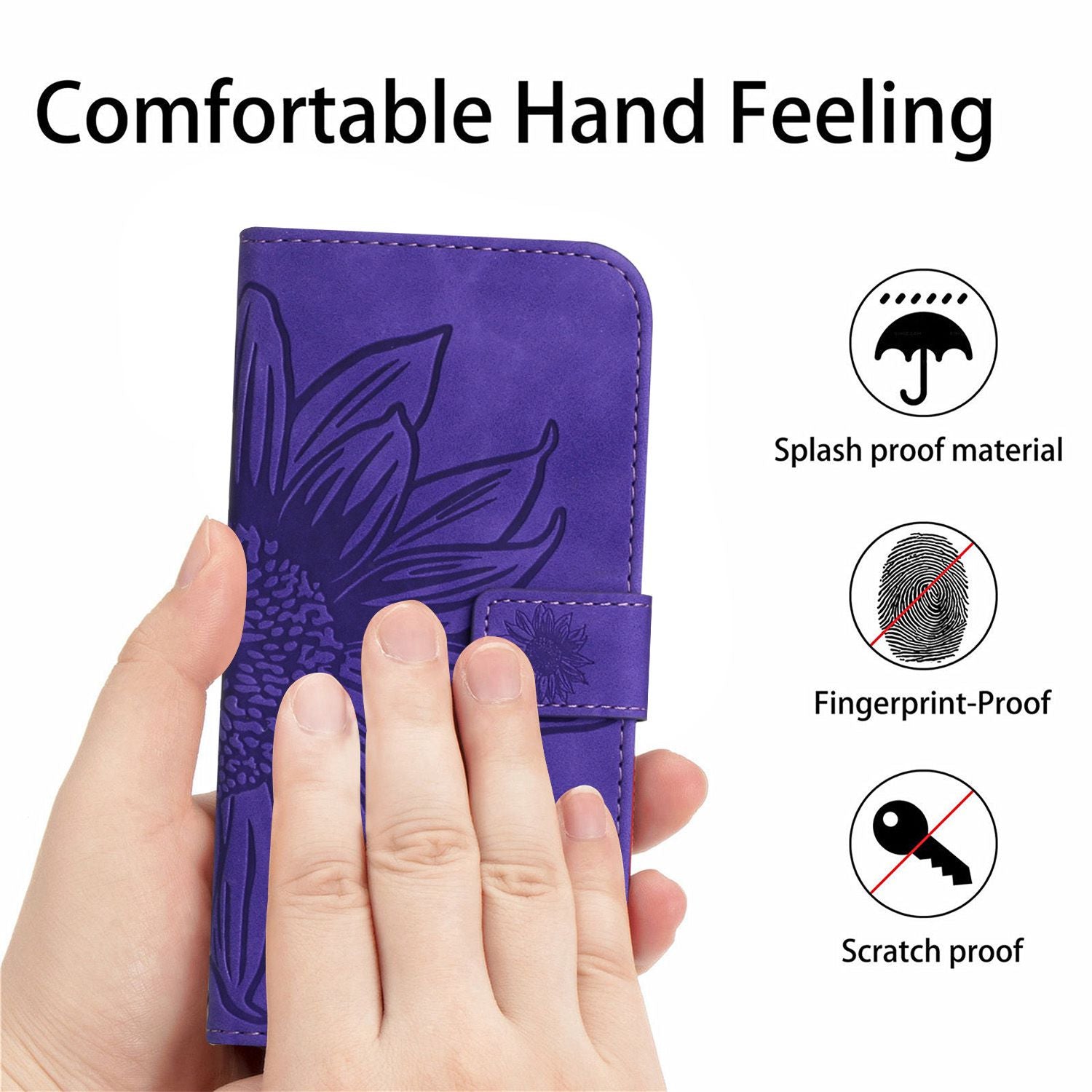 HT04 For iPhone 16 Pro Max Leather Case Sunflower Phone Wallet Cover with Shoulder Strap - Dark Purple