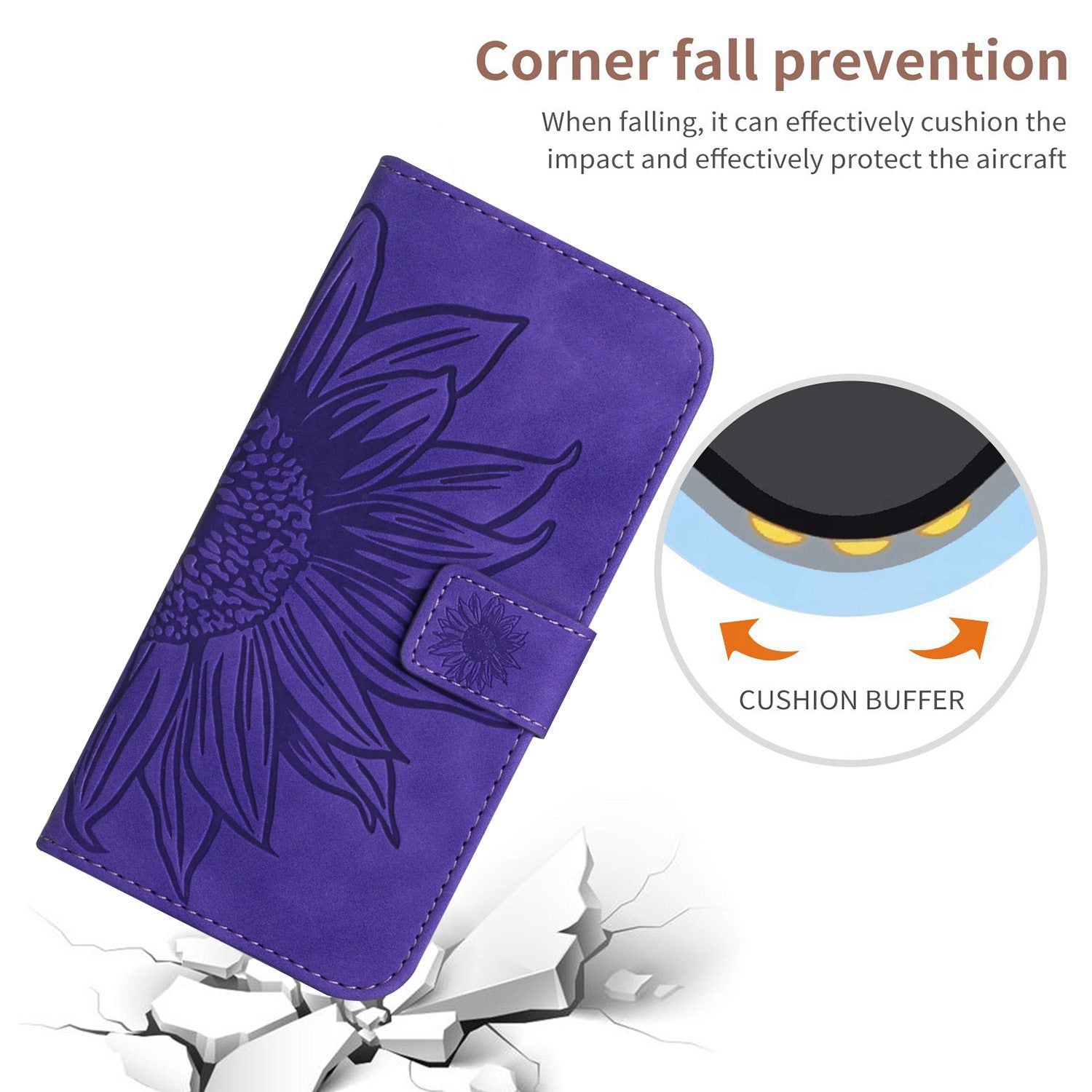 HT04 For iPhone 16 Pro Max Leather Case Sunflower Phone Wallet Cover with Shoulder Strap - Dark Purple