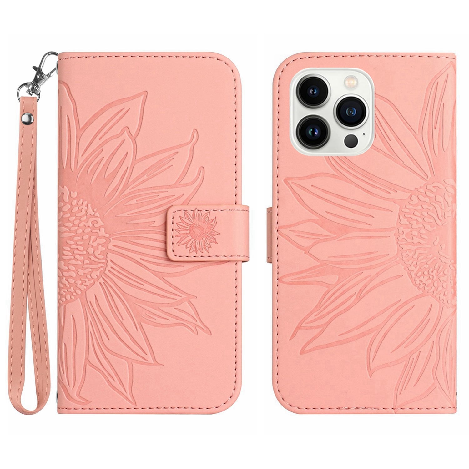 HT04 For iPhone 16 Pro Max Case Sunflower Leather Handbag Flip Phone Cover - Light Pink