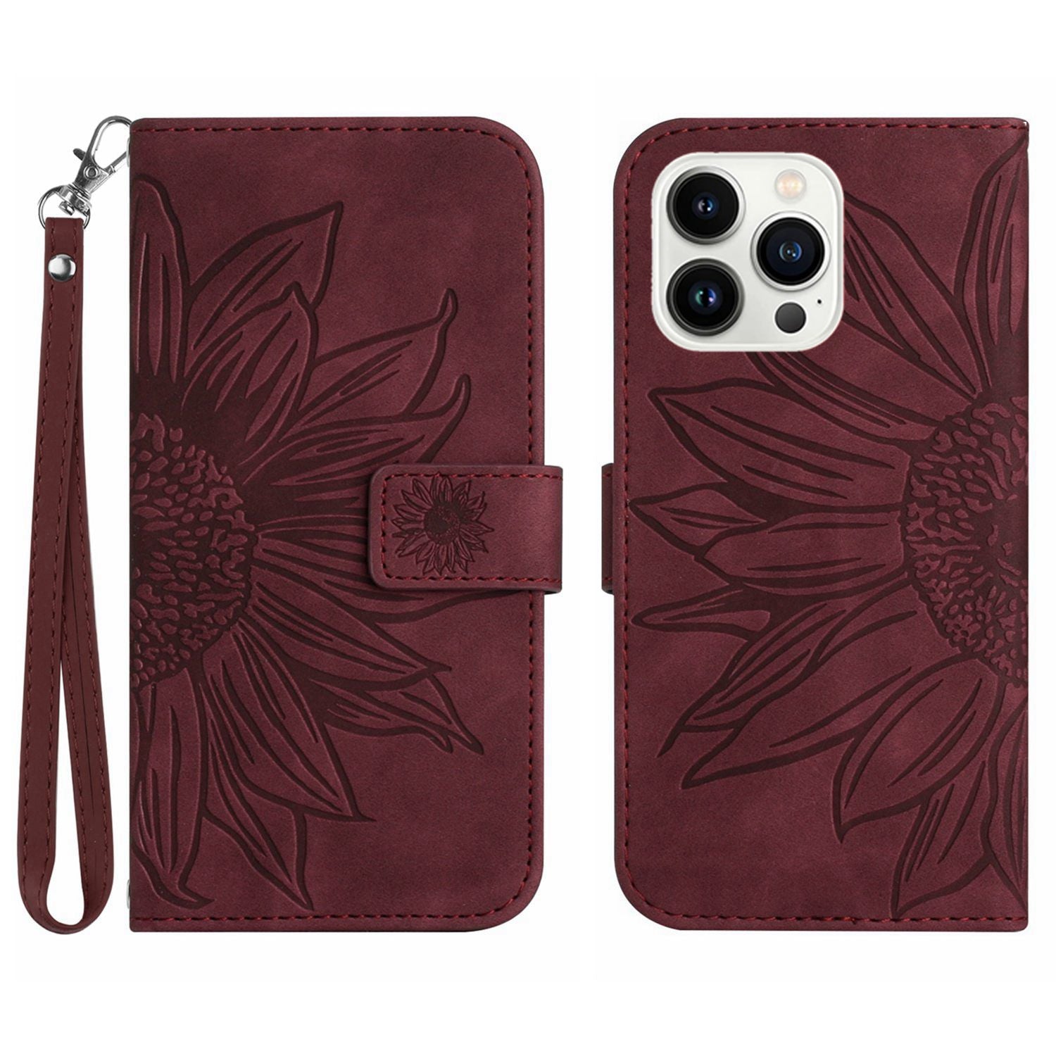 HT04 For iPhone 16 Pro Max Case Sunflower Leather Handbag Flip Phone Cover - Wine Red