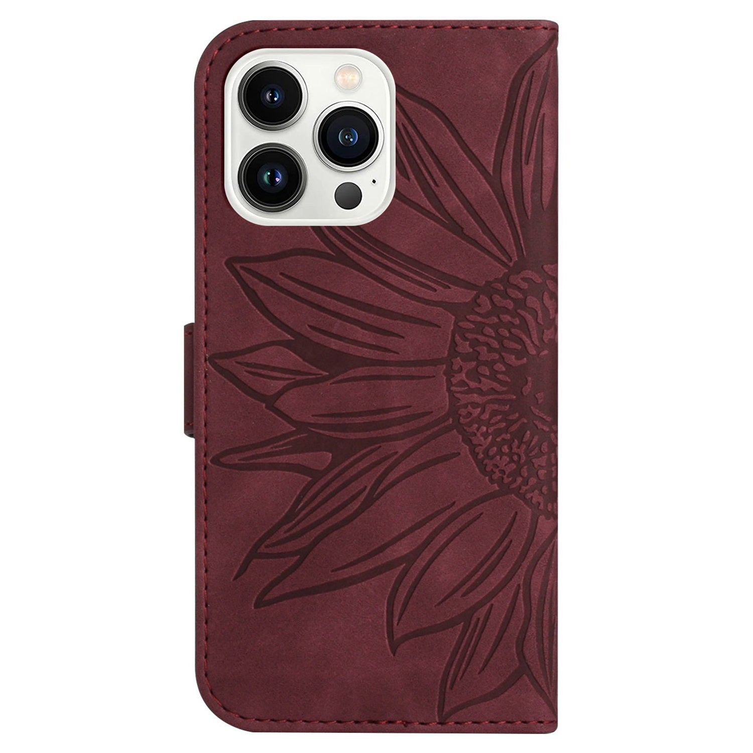 HT04 For iPhone 16 Pro Max Case Sunflower Leather Handbag Flip Phone Cover - Wine Red