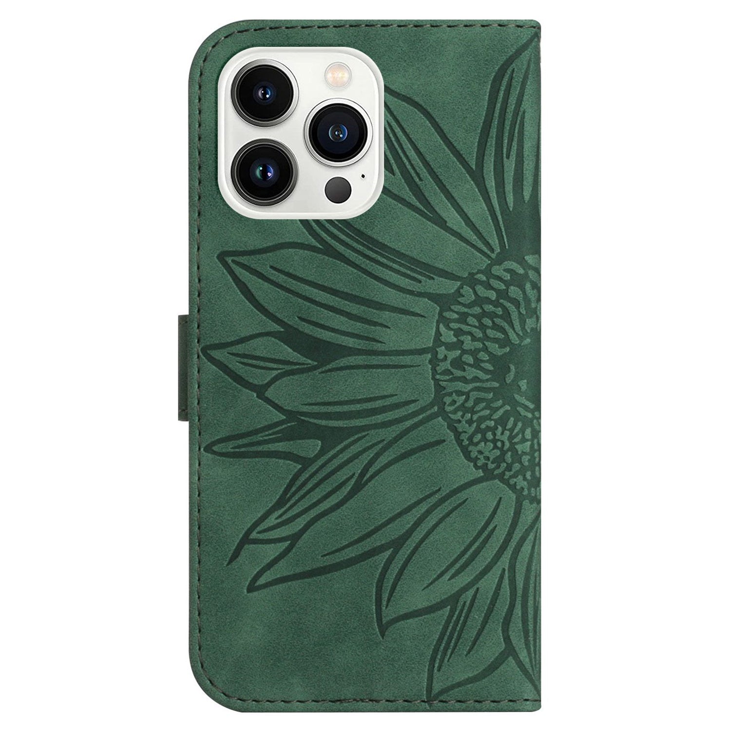 HT04 For iPhone 16 Pro Max Case Sunflower Leather Handbag Flip Phone Cover - Dark Green