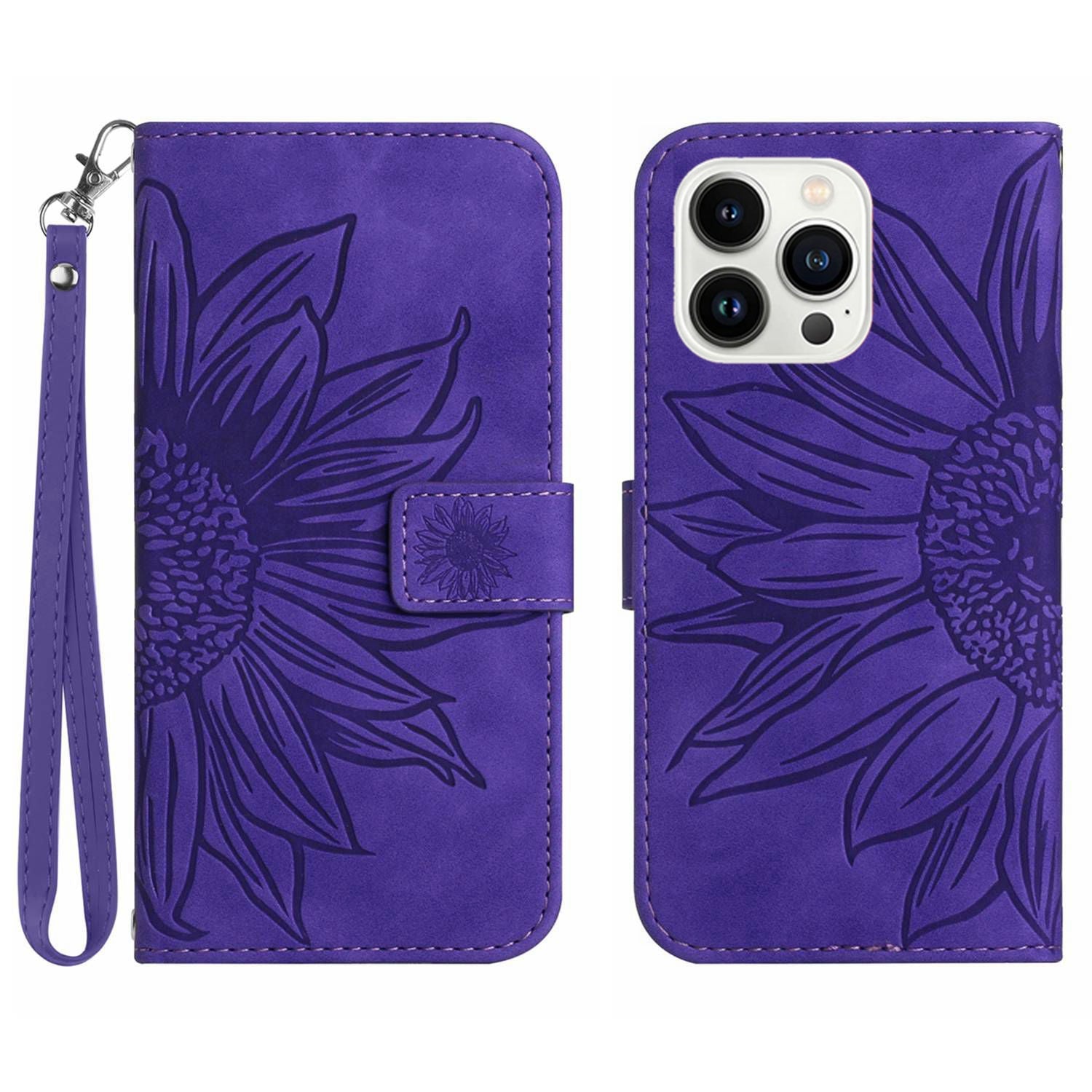 HT04 For iPhone 16 Pro Max Case Sunflower Leather Handbag Flip Phone Cover - Dark Purple