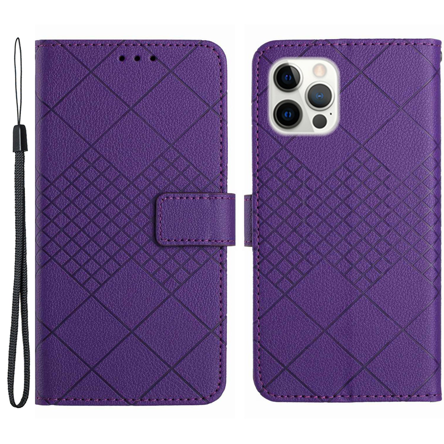 HT06 For iPhone 16 Pro Case Litchi Texture Leather Wallet Rhombus Phone Cover - Dark Purple