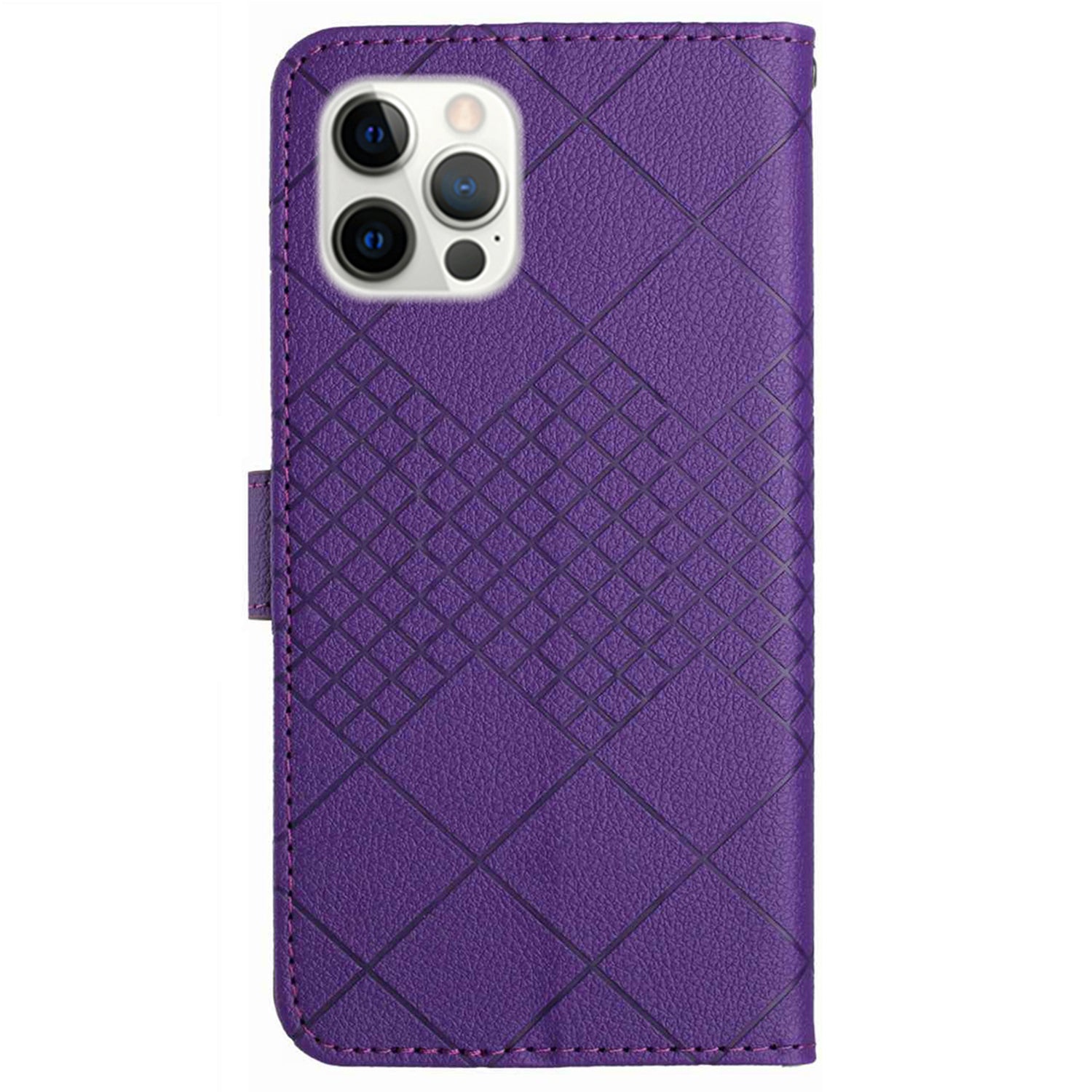 HT06 For iPhone 16 Pro Case Litchi Texture Leather Wallet Rhombus Phone Cover - Dark Purple