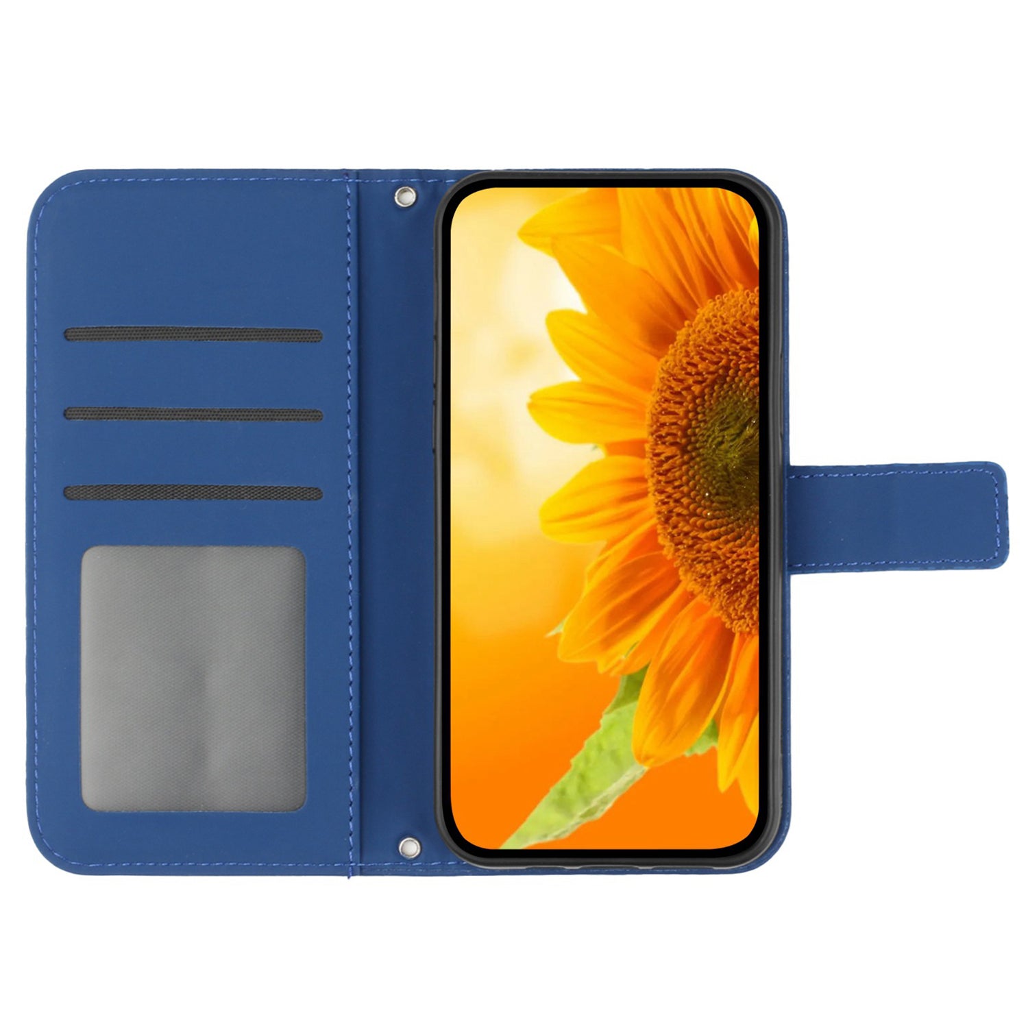 HT04 For iPhone 16 Pro Case Sunflower Imprint Leather Phone Cover with Shoulder Strap - Sapphire