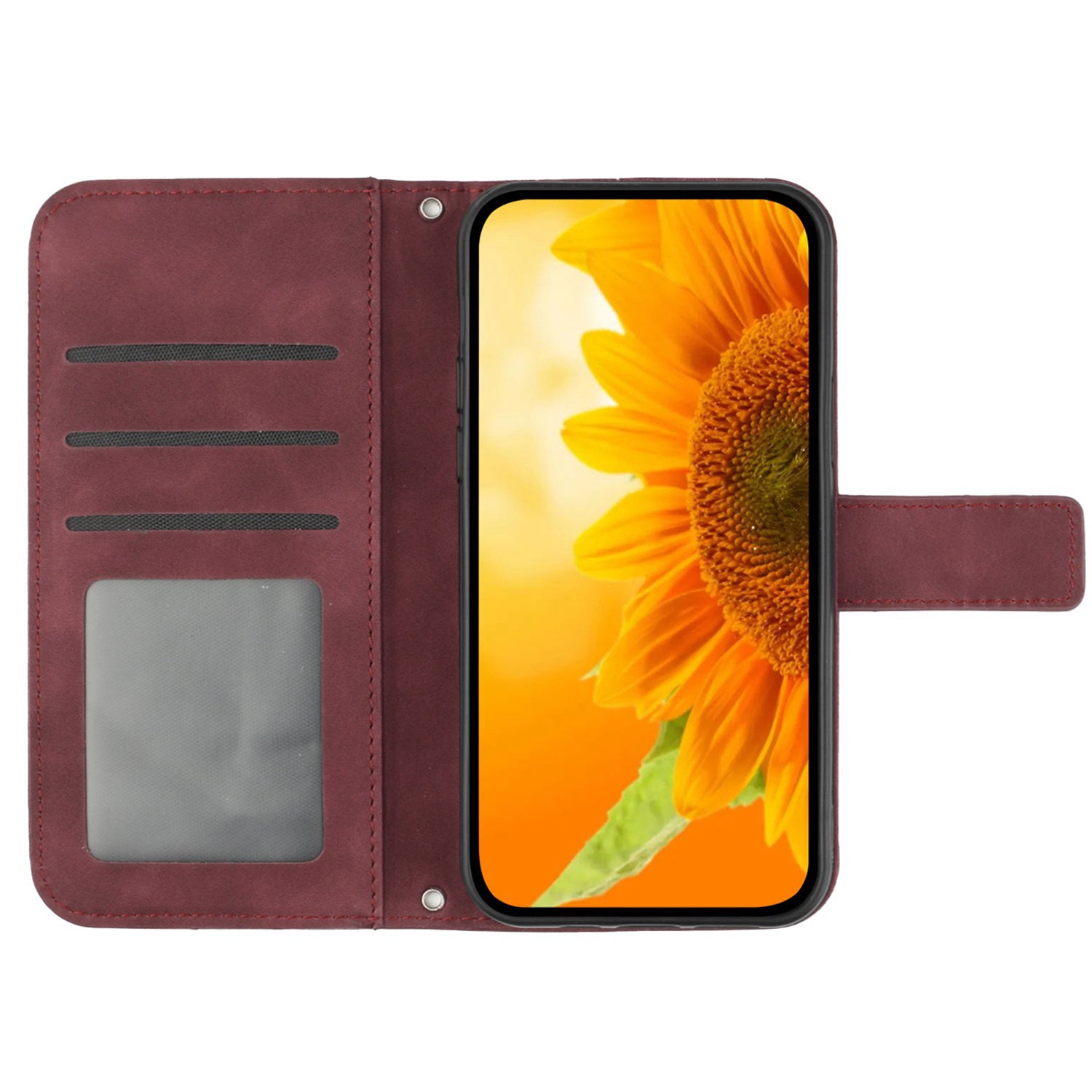 HT04 For iPhone 16 Pro Case Sunflower Imprint Leather Phone Cover with Shoulder Strap - Wine Red