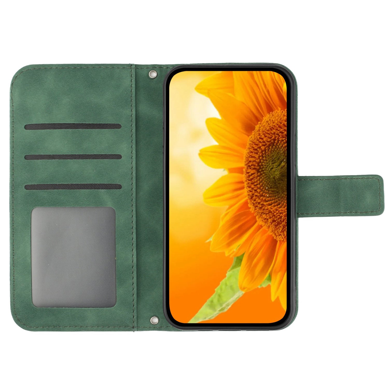 HT04 For iPhone 16 Pro Case Sunflower Imprint Leather Phone Cover with Shoulder Strap - Dark Green