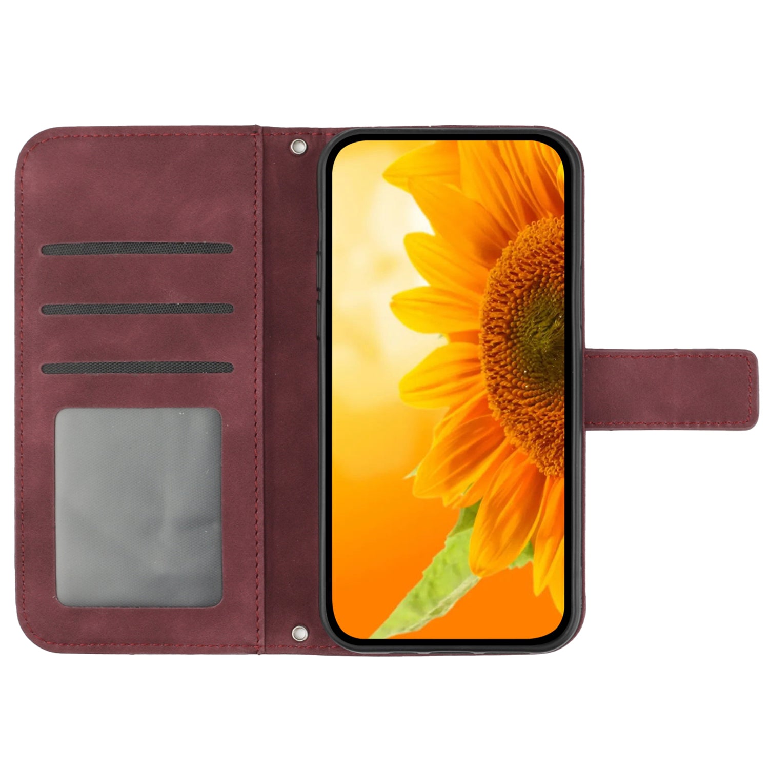 HT04 For iPhone 16 Pro Case Sunflower Imprint Leather Flip Phone Cover with Hand Strap - Wine Red