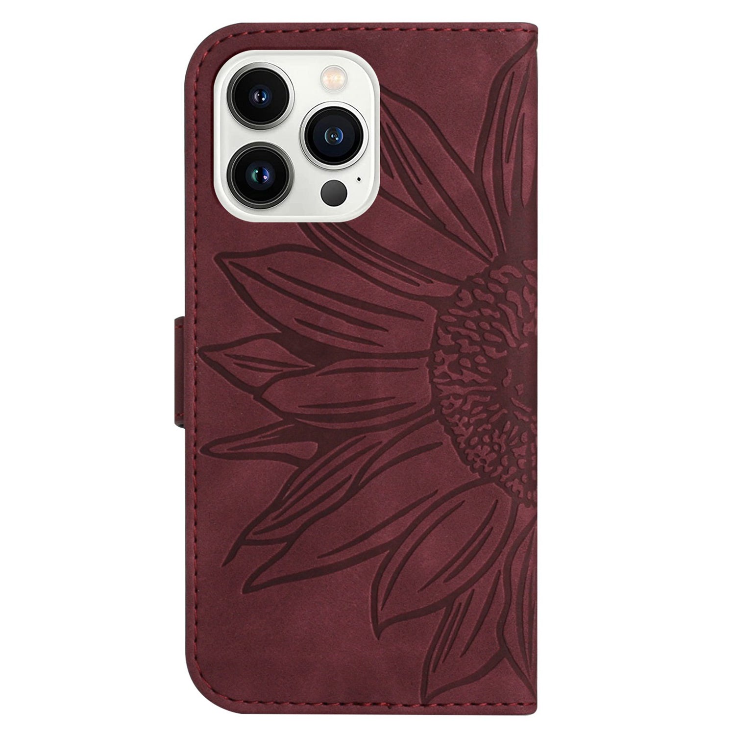 HT04 For iPhone 16 Pro Case Sunflower Imprint Leather Flip Phone Cover with Hand Strap - Wine Red