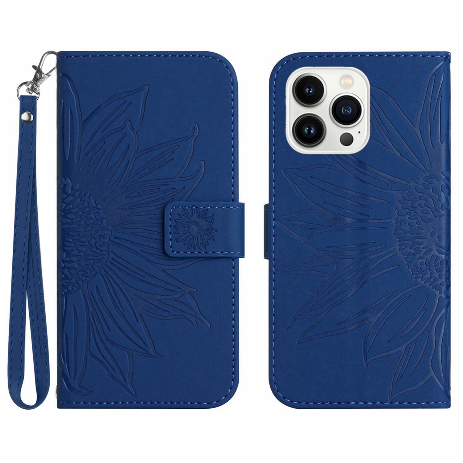 HT04 For iPhone 16 Pro Case Sunflower Imprint Leather Flip Phone Cover with Hand Strap - Sapphire