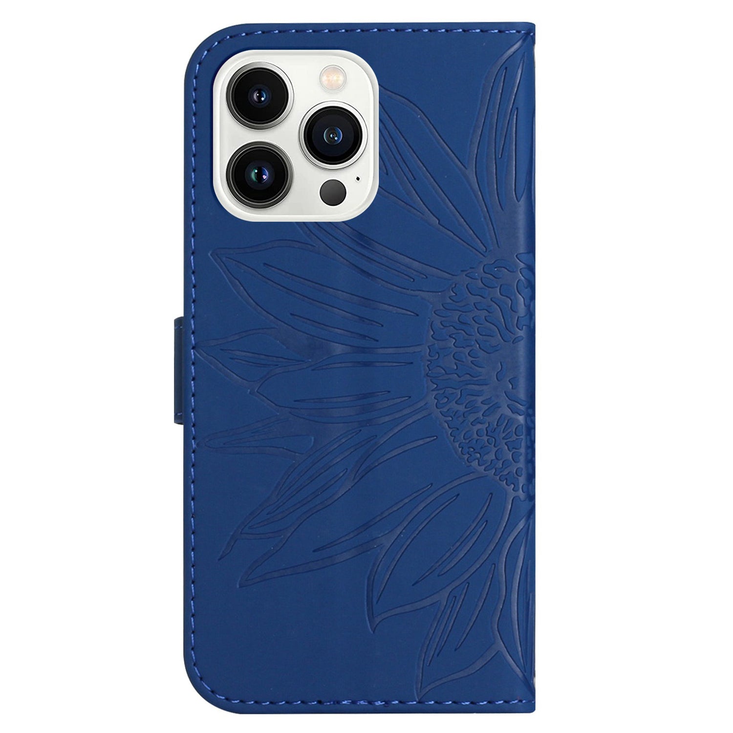 HT04 For iPhone 16 Pro Case Sunflower Imprint Leather Flip Phone Cover with Hand Strap - Sapphire